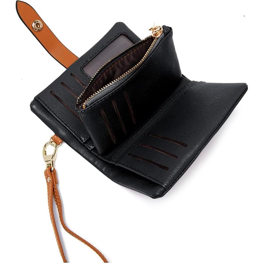 Cartera Bifold de Cuero TOPKOOL para Mujeres - Negro, Compacta