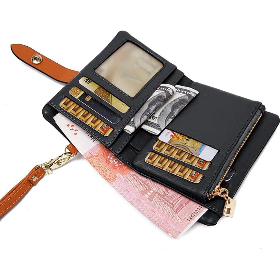 Cartera Bifold de Cuero TOPKOOL para Mujeres - Negro, Compacta