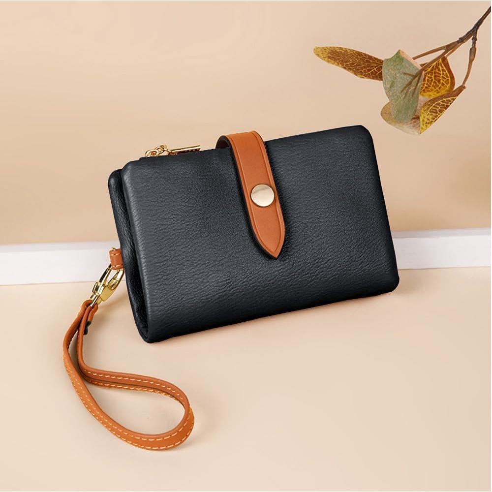 Cartera Bifold de Cuero TOPKOOL para Mujeres - Negro, Compacta