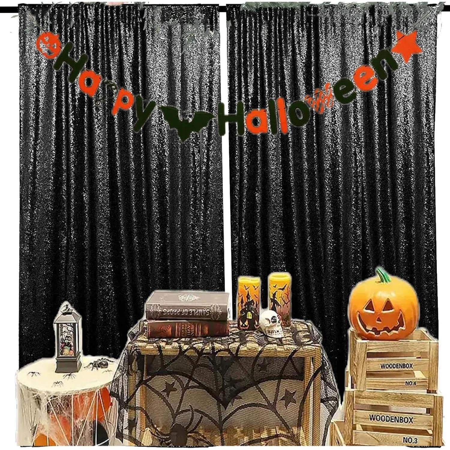 Cortinas de fondo de lentejuelas negras JYFLZQ 0.61 m x 2.44 m 2 paneles