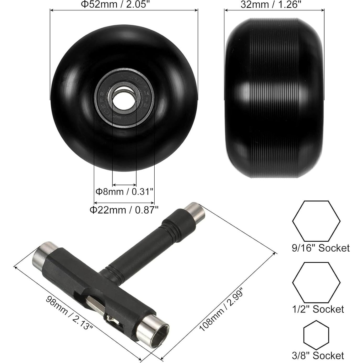 Ruedas de Skateboard PATIKIL 52mm 95A Negras - Paquete de 4