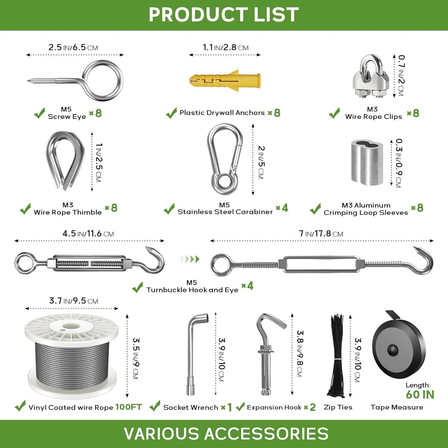 Kit de Cable de Acero Inoxidable KALLSDY 30.48M 153 Piezas