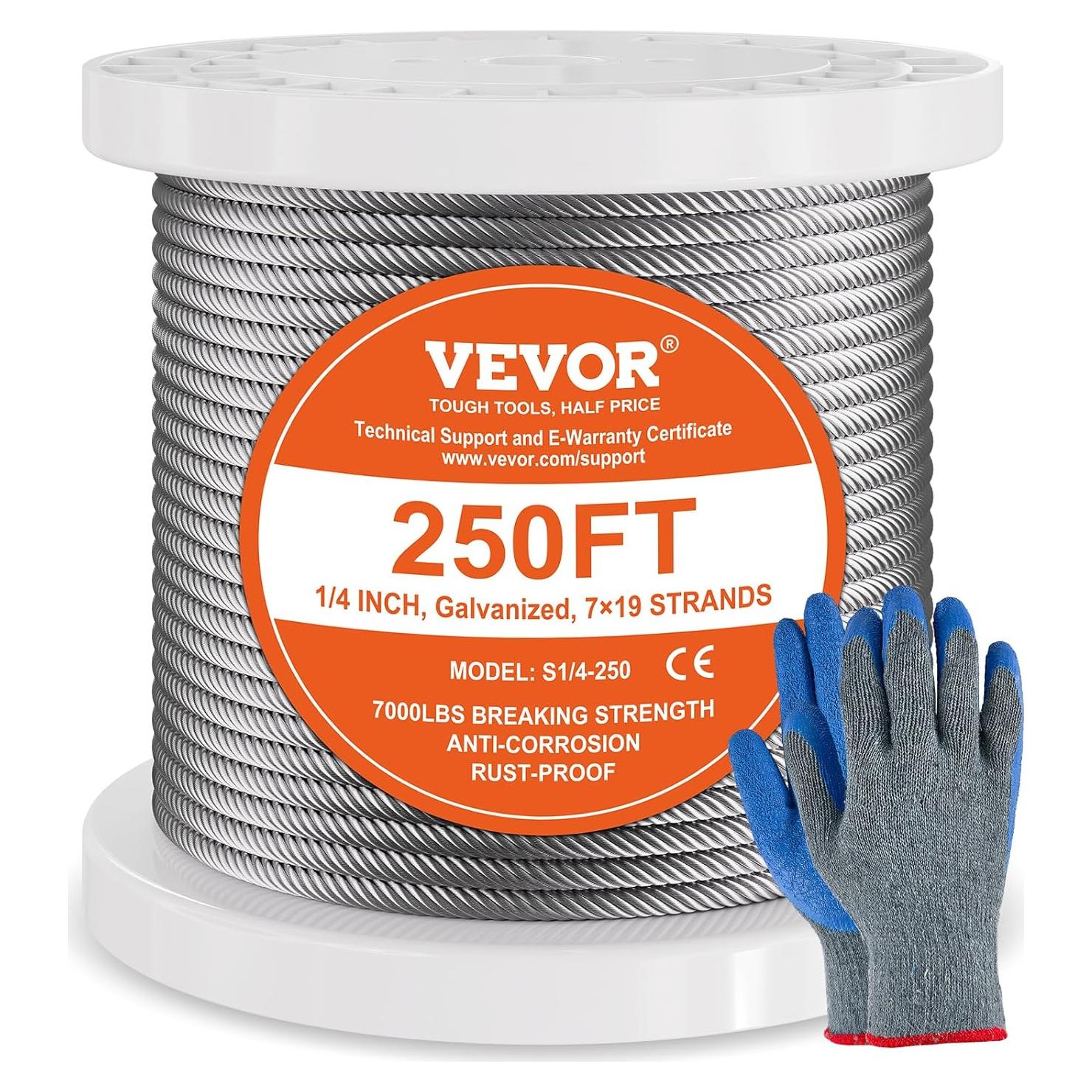 Cable de Alambre de Acero VEVOR 1/4" (6.35 mm) 76.2 m con Guantes