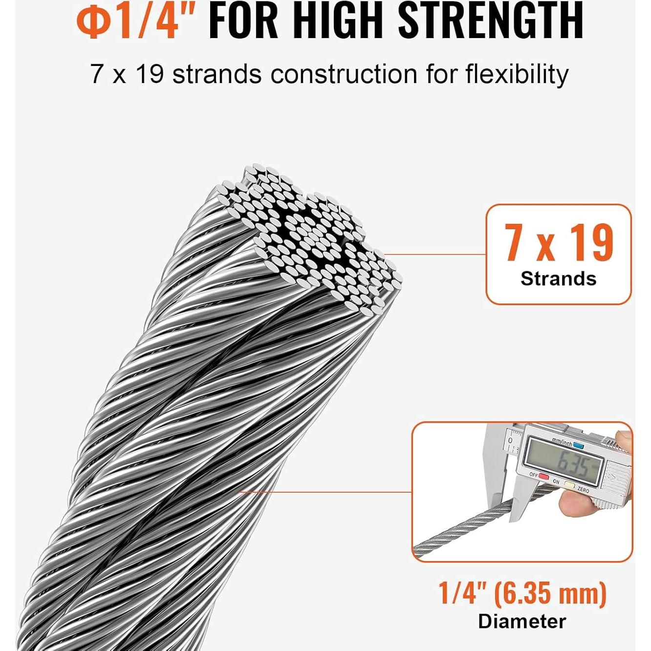 Cable de Alambre de Acero VEVOR 1/4" (6.35 mm) 76.2 m con Guantes