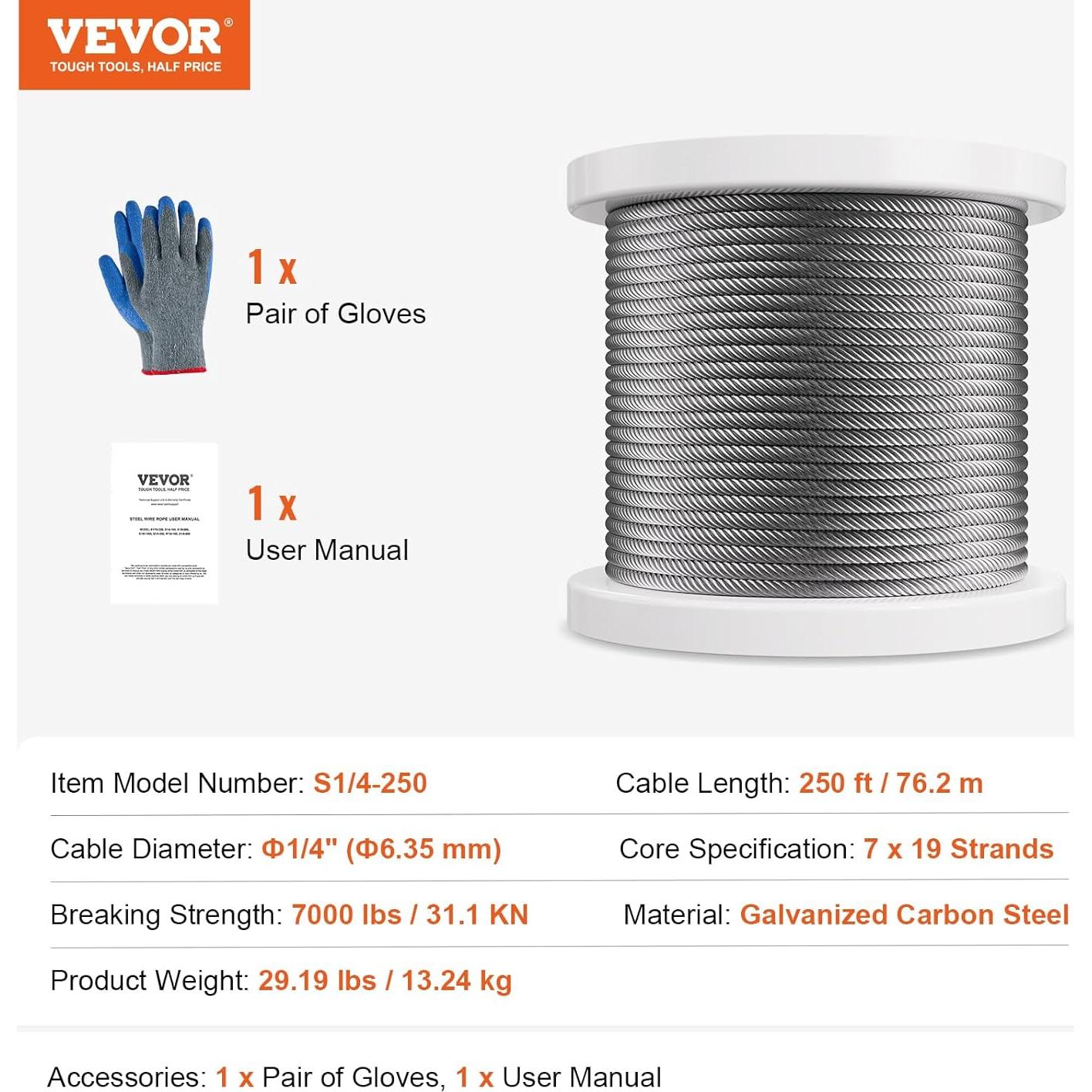 Cable de Alambre de Acero VEVOR 1/4" (6.35 mm) 76.2 m con Guantes