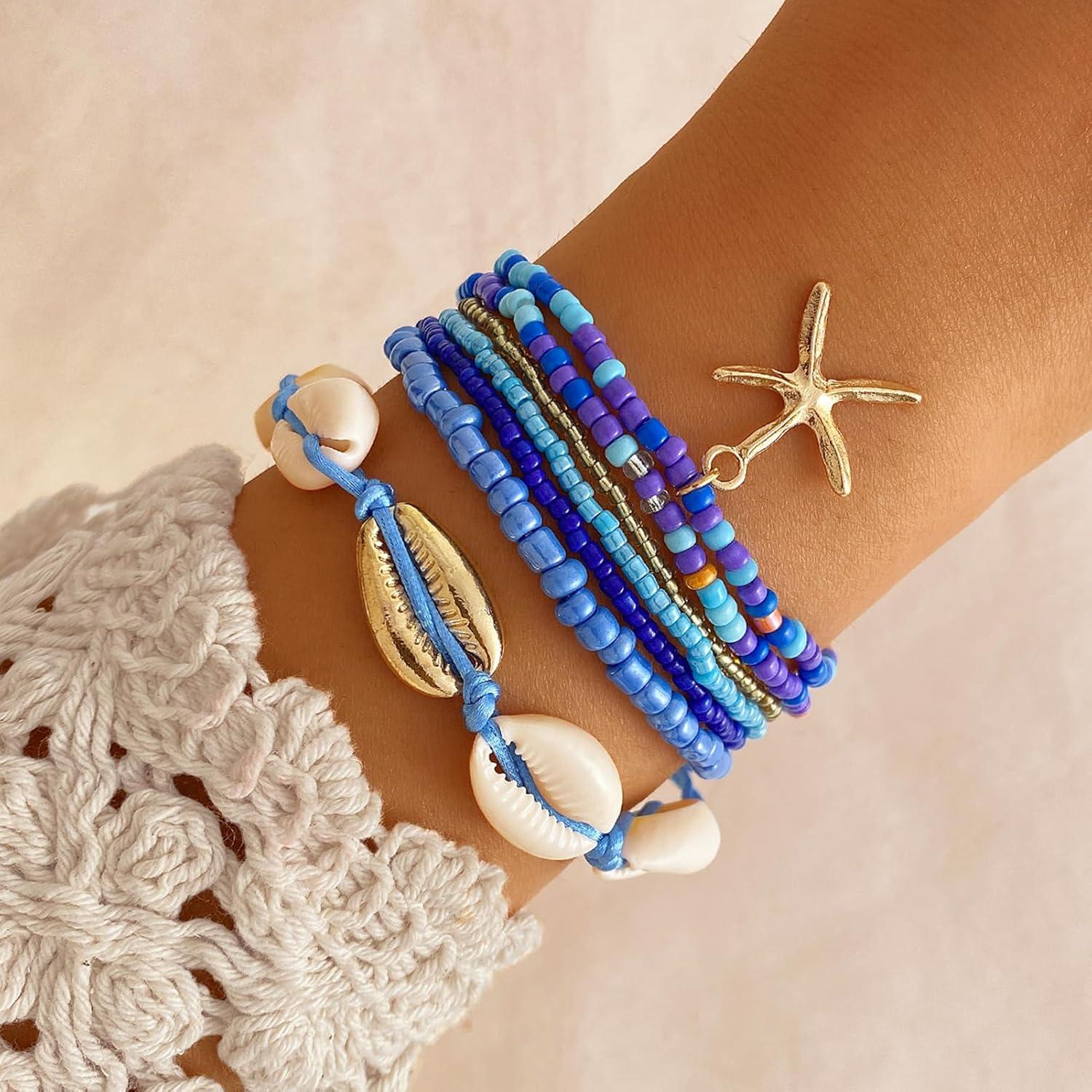 Conjunto de Pulsera y Tobillera Boho 17IF 7 Pcs Azul con Conchas
