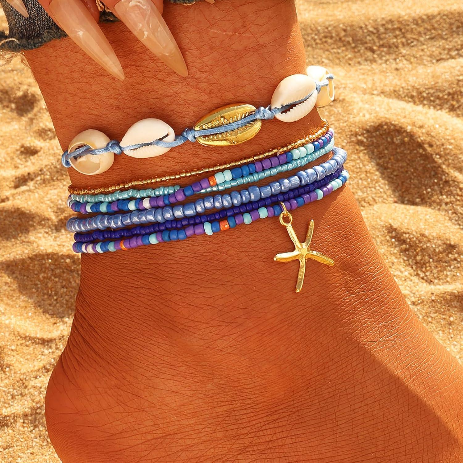 Conjunto de Pulsera y Tobillera Boho 17IF 7 Pcs Azul con Conchas