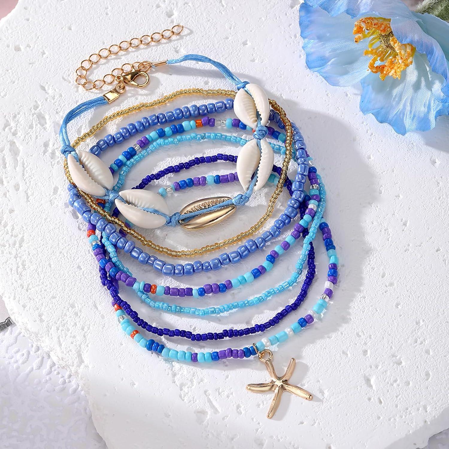 Conjunto de Pulsera y Tobillera Boho 17IF 7 Pcs Azul con Conchas