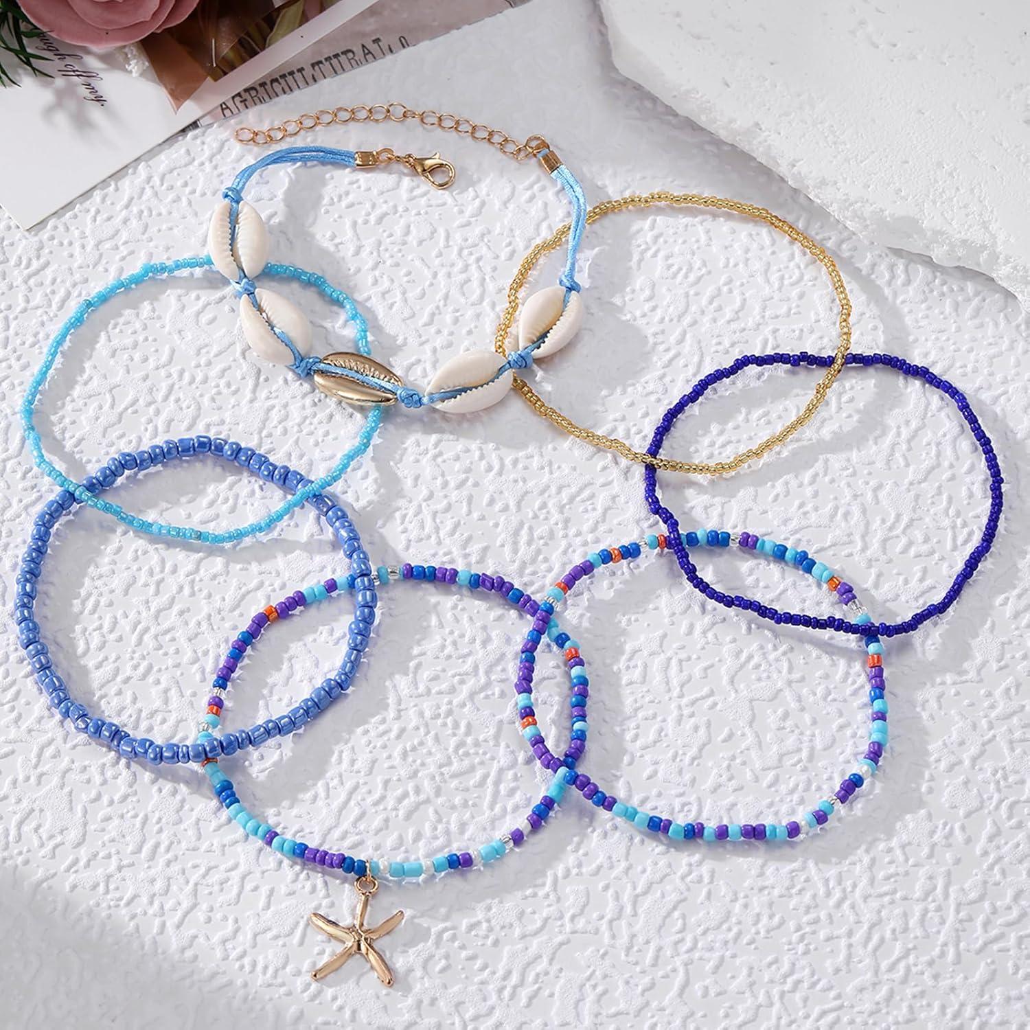 Conjunto de Pulsera y Tobillera Boho 17IF 7 Pcs Azul con Conchas