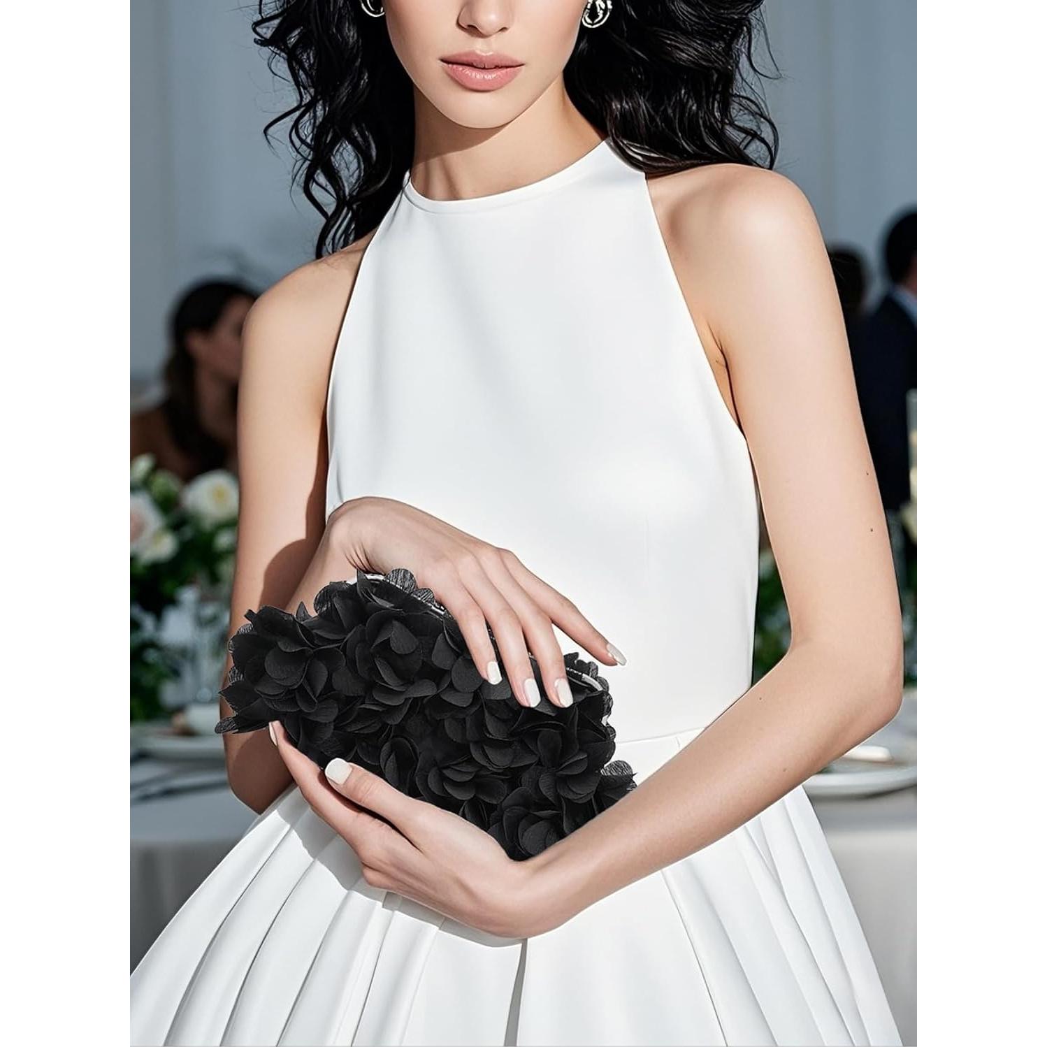 Bolso de Noche Floral para Mujeres - Cartera Elegante Negra