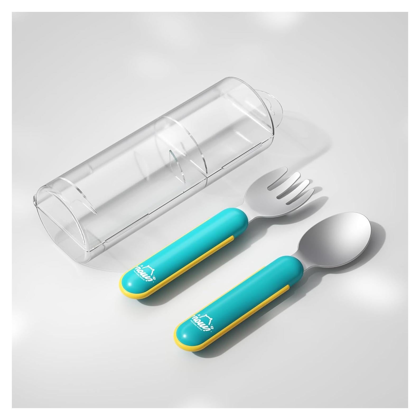 Juego de Utensilios para Niños Nouri - Cubiertos de Acero Inoxidable 316 con Mango de Silicona (Verde y Amarillo)