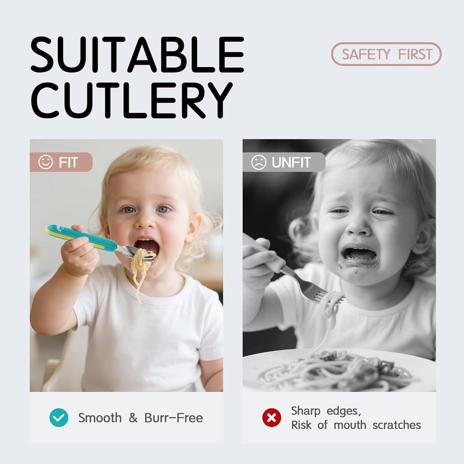 Juego de Utensilios para Niños Nouri - Cubiertos de Acero Inoxidable 316 con Mango de Silicona (Verde y Amarillo)