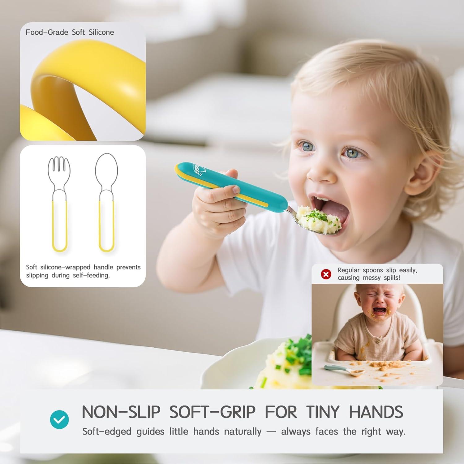 Juego de Utensilios para Niños Nouri - Cubiertos de Acero Inoxidable 316 con Mango de Silicona (Verde y Amarillo)