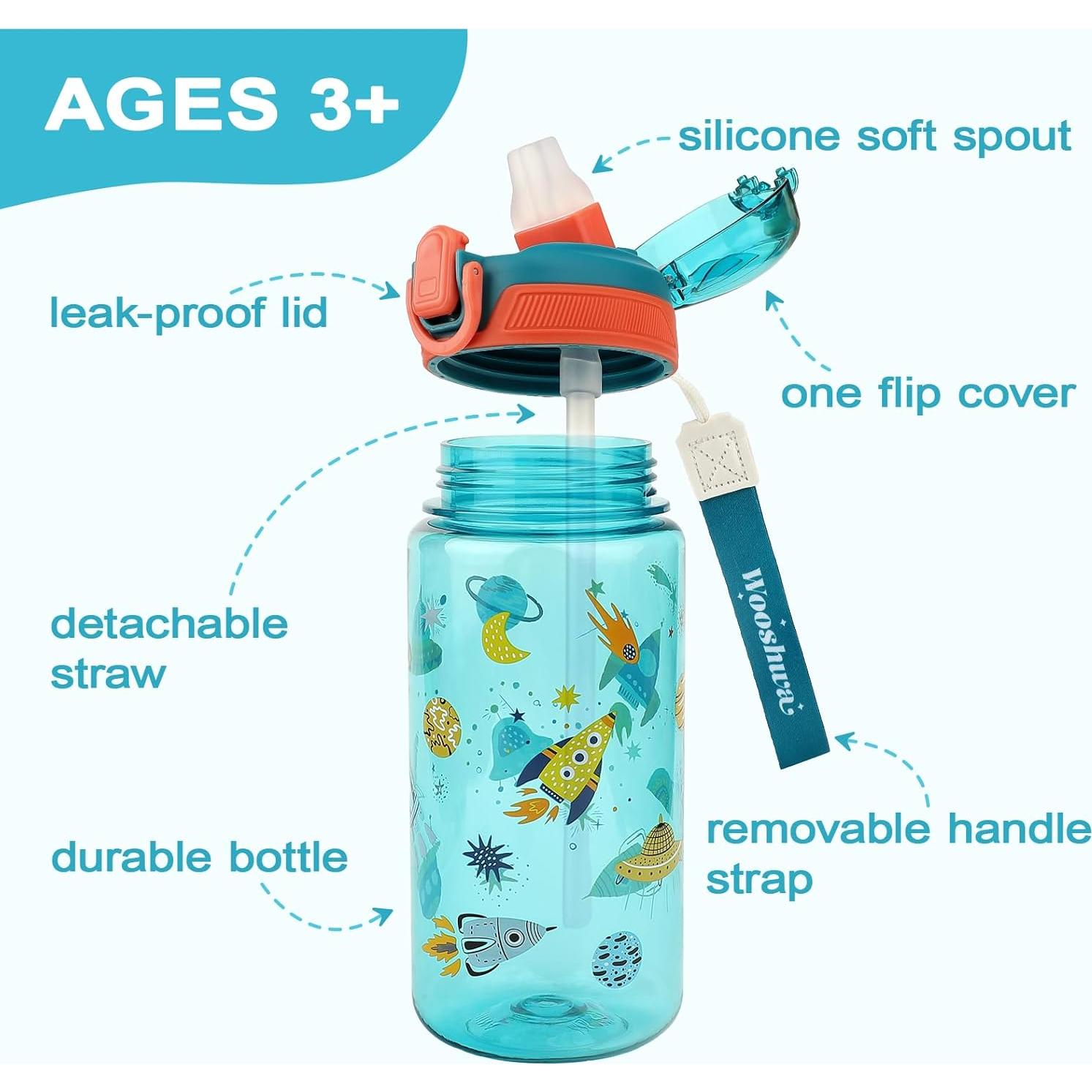 Botella de Agua para Niños Wooshwa 600ml 2 Paquete Cohete y Animales