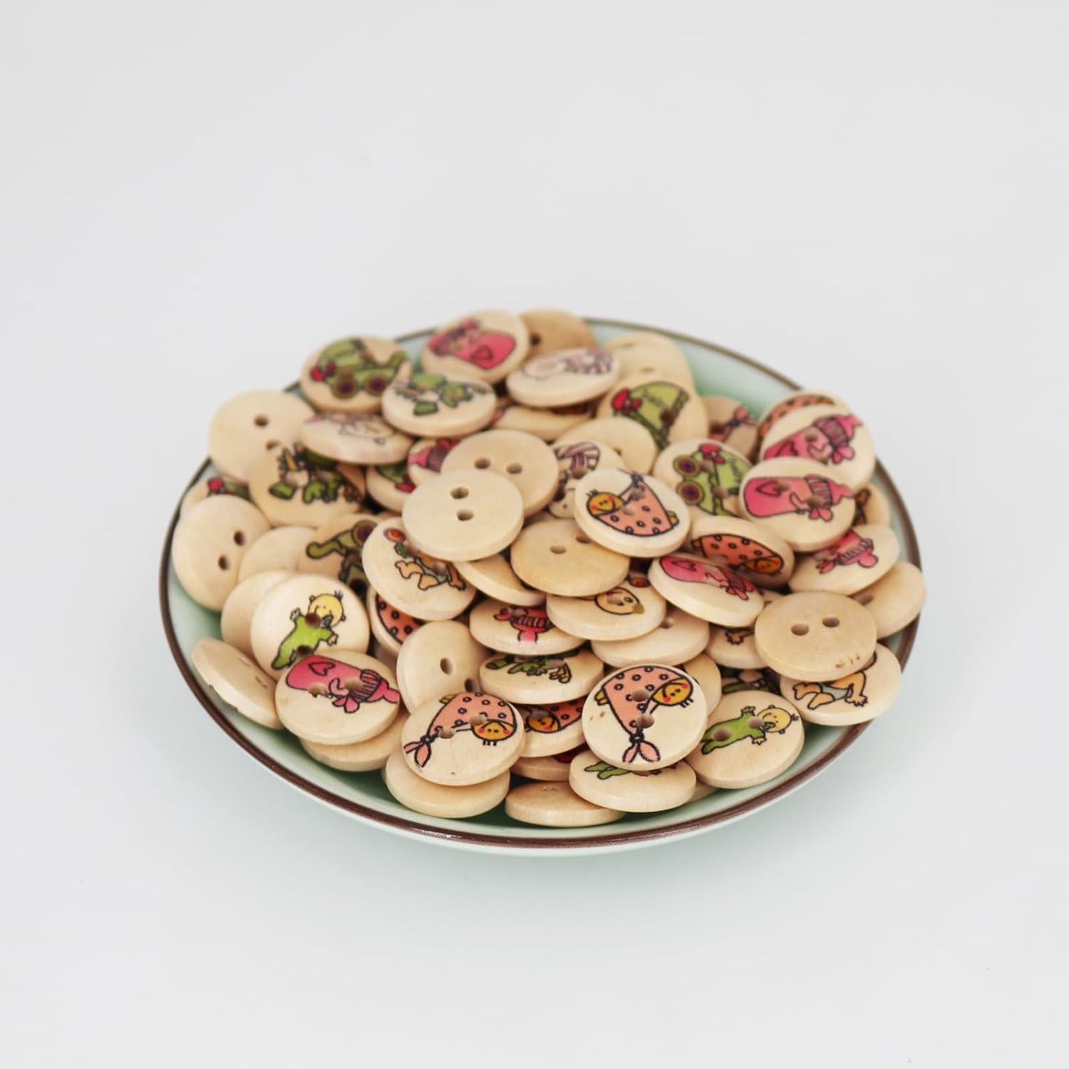 Botones de Madera LERFEY 15mm 100 Pcs Patrones Asortidos