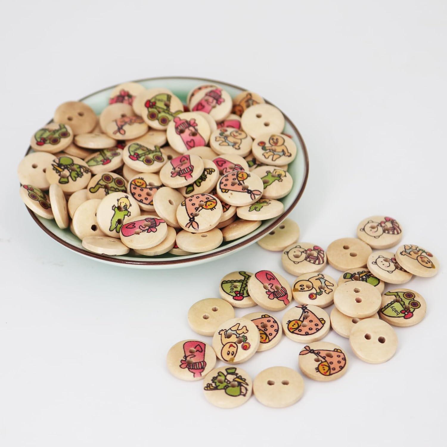 Botones de Madera LERFEY 15mm 100 Pcs Patrones Asortidos