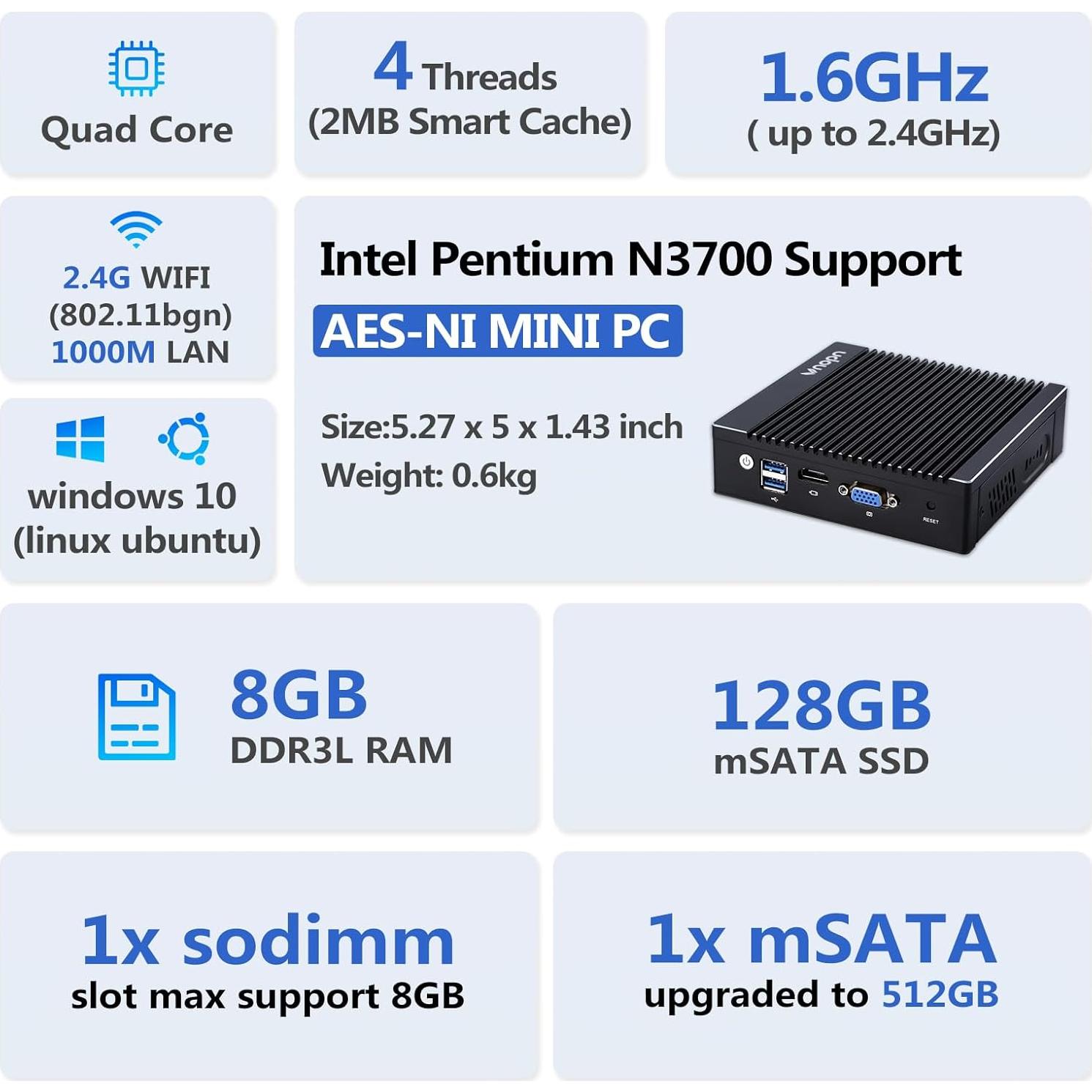 Mini PC Firewall VNOPN F12 Intel N3700 8GB 128GB 4x2.5GbE