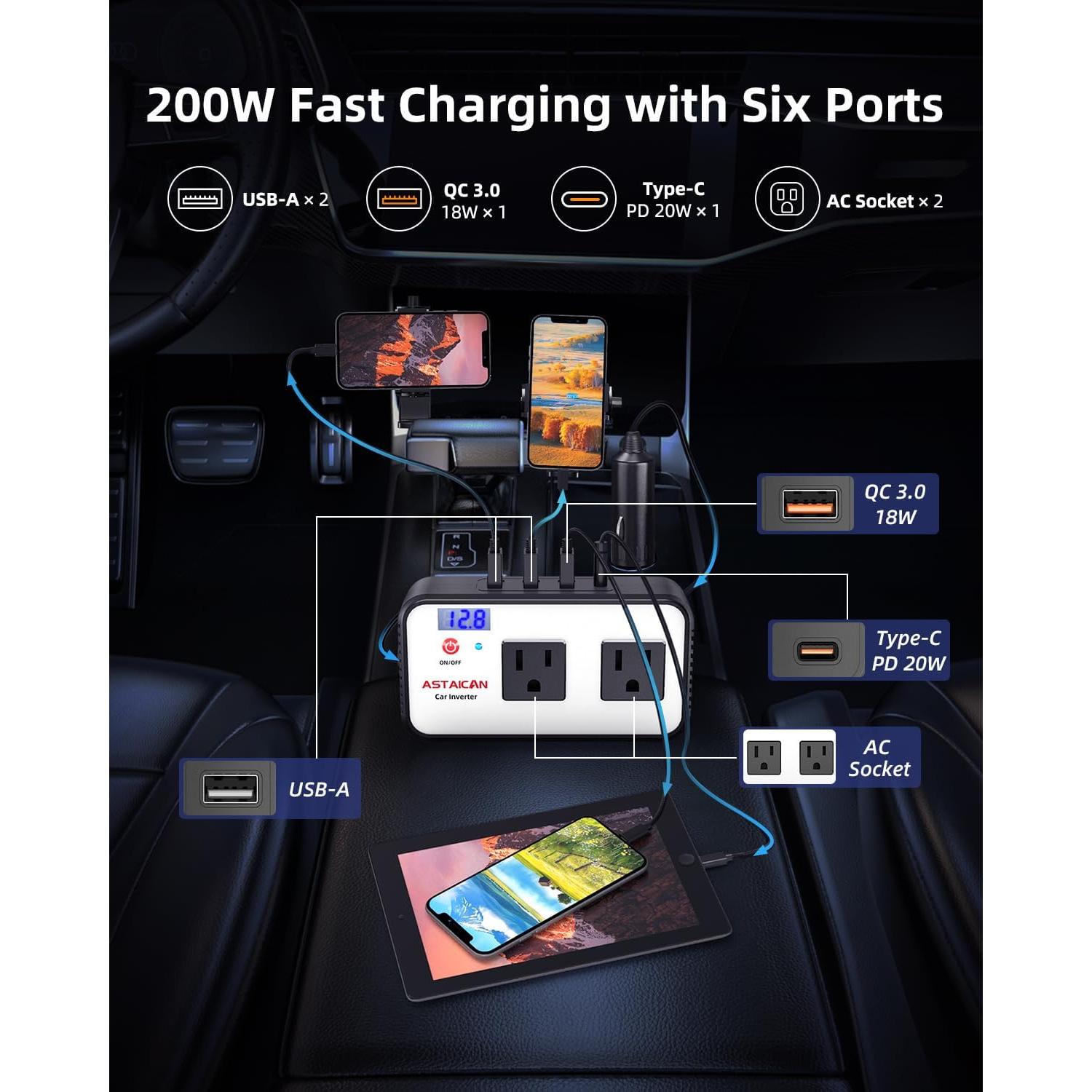 Inversor de Potencia de Coche Astaican 200W DC 12V a 110V AC