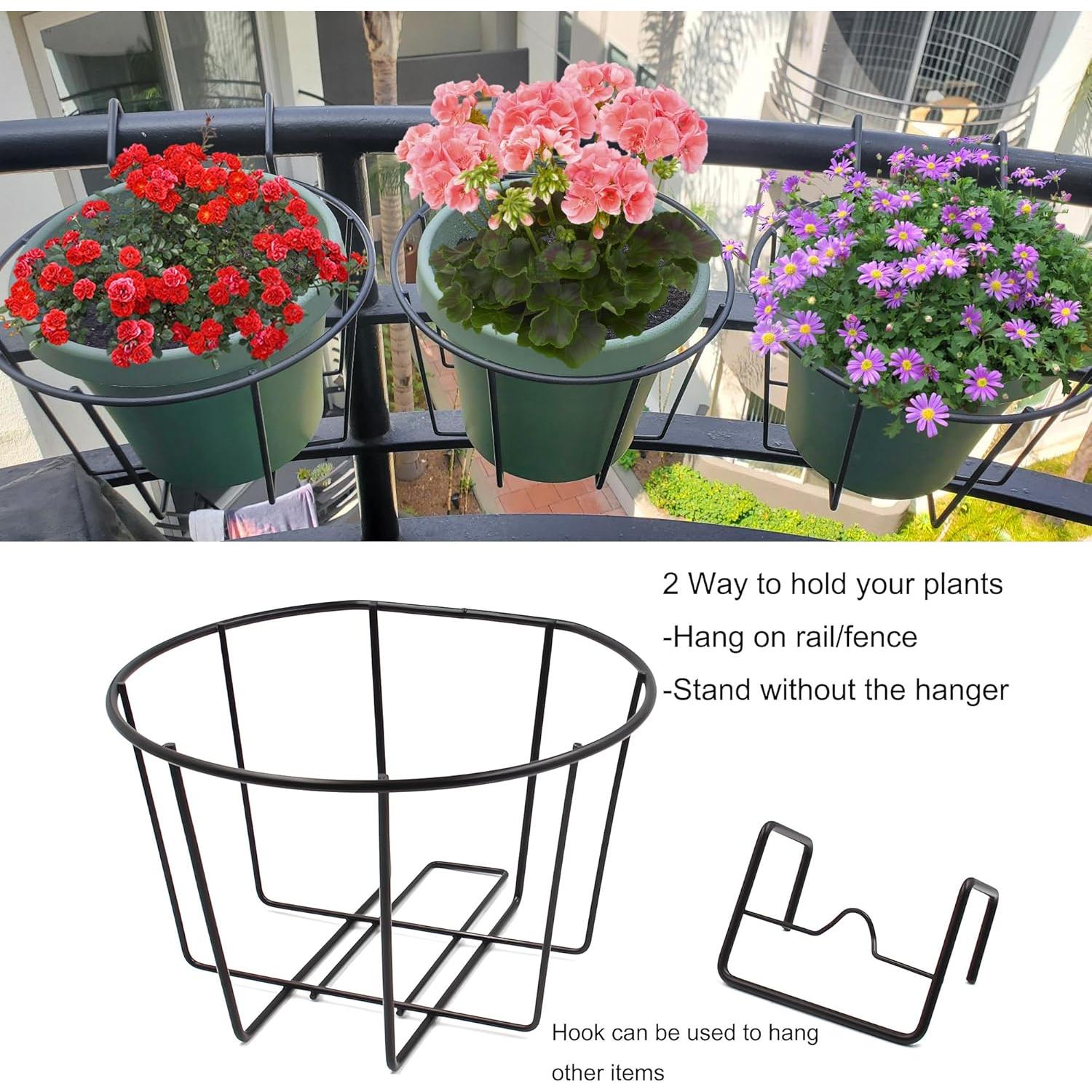 Maceta Colgante TQVAI de 24 cm para Barandilla, Set de 3, Negro