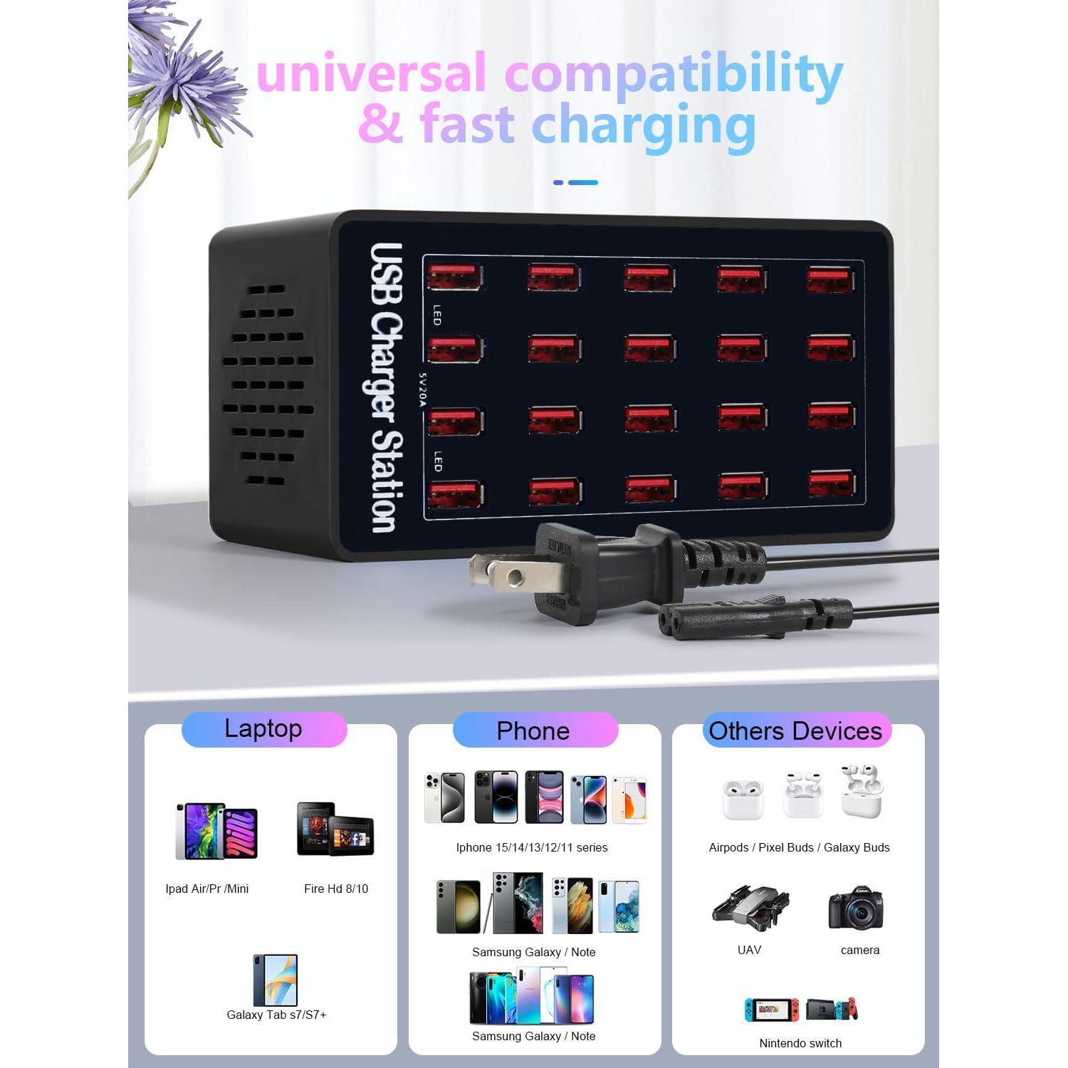 Estación de Carga USB 100W 20 Puertos Multi Dispositivos