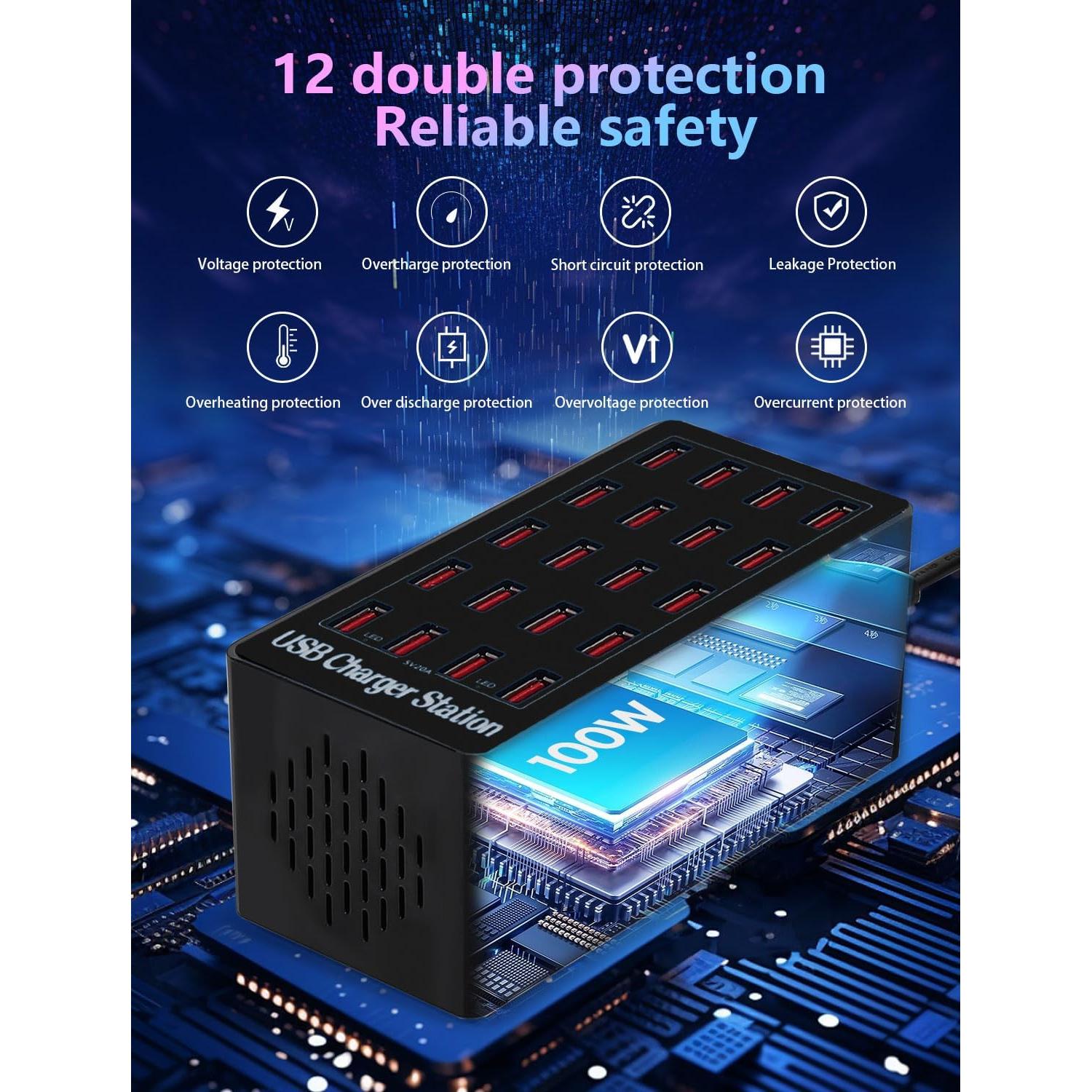 Estación de Carga USB 100W 20 Puertos Multi Dispositivos