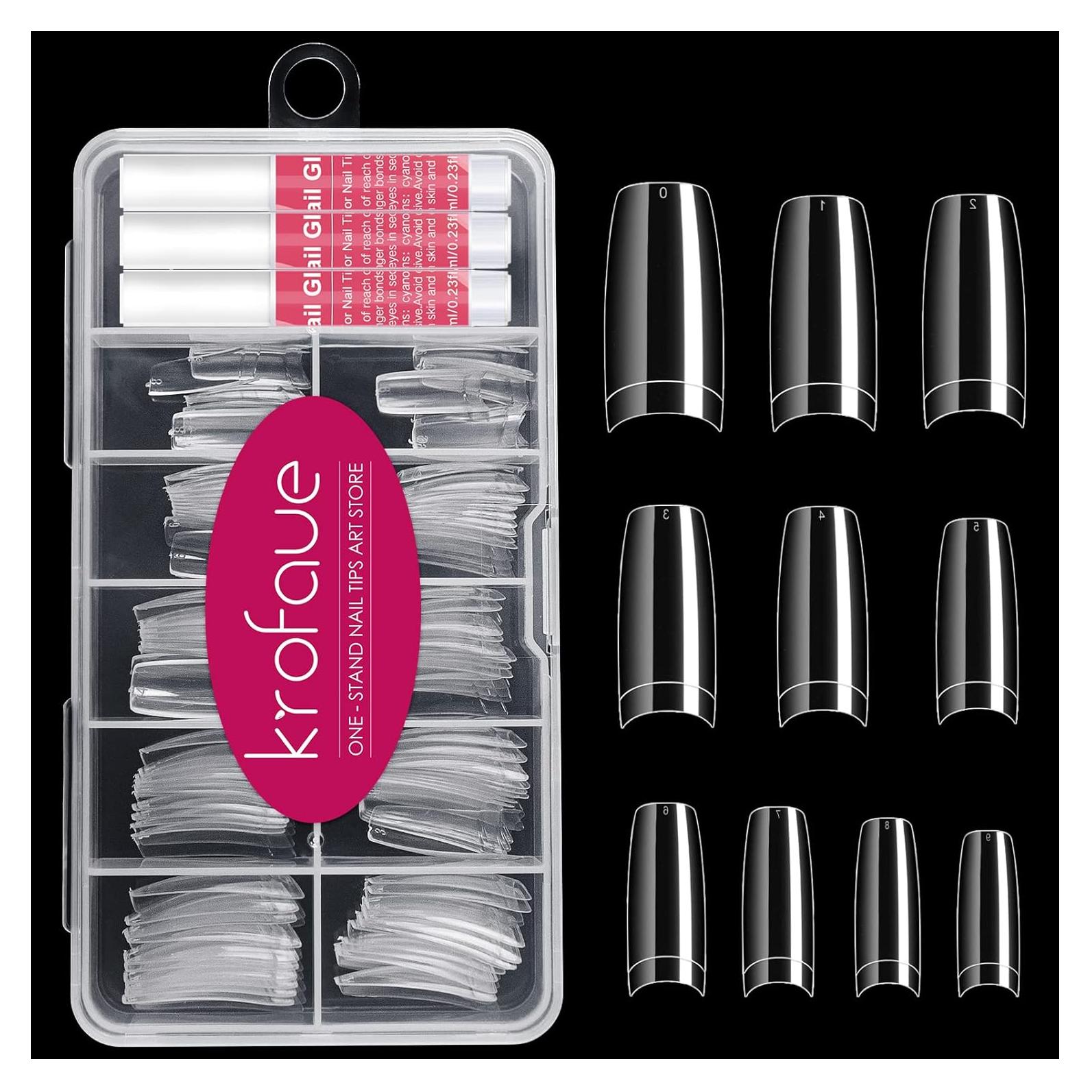 Kit de Uñas Falsas Transparentes Krofaue 100 Pcs con Pegamento