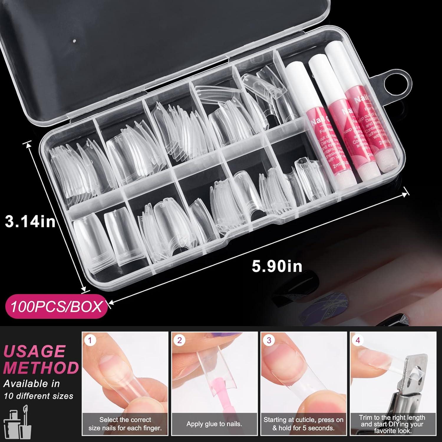Kit de Uñas Falsas Transparentes Krofaue 100 Pcs con Pegamento