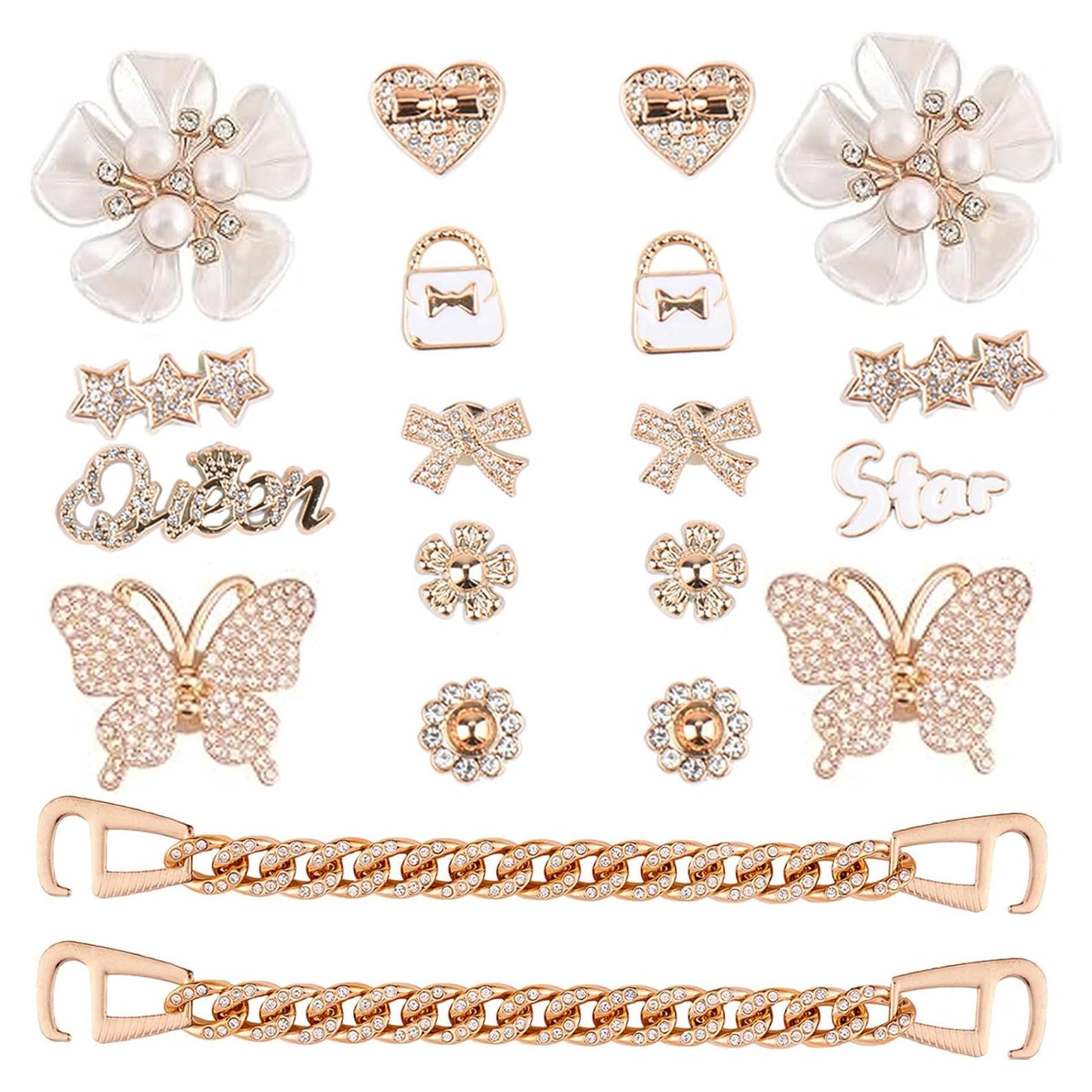 20PCS Encantos de Zapatos Brillantes Dorados para Mujeres