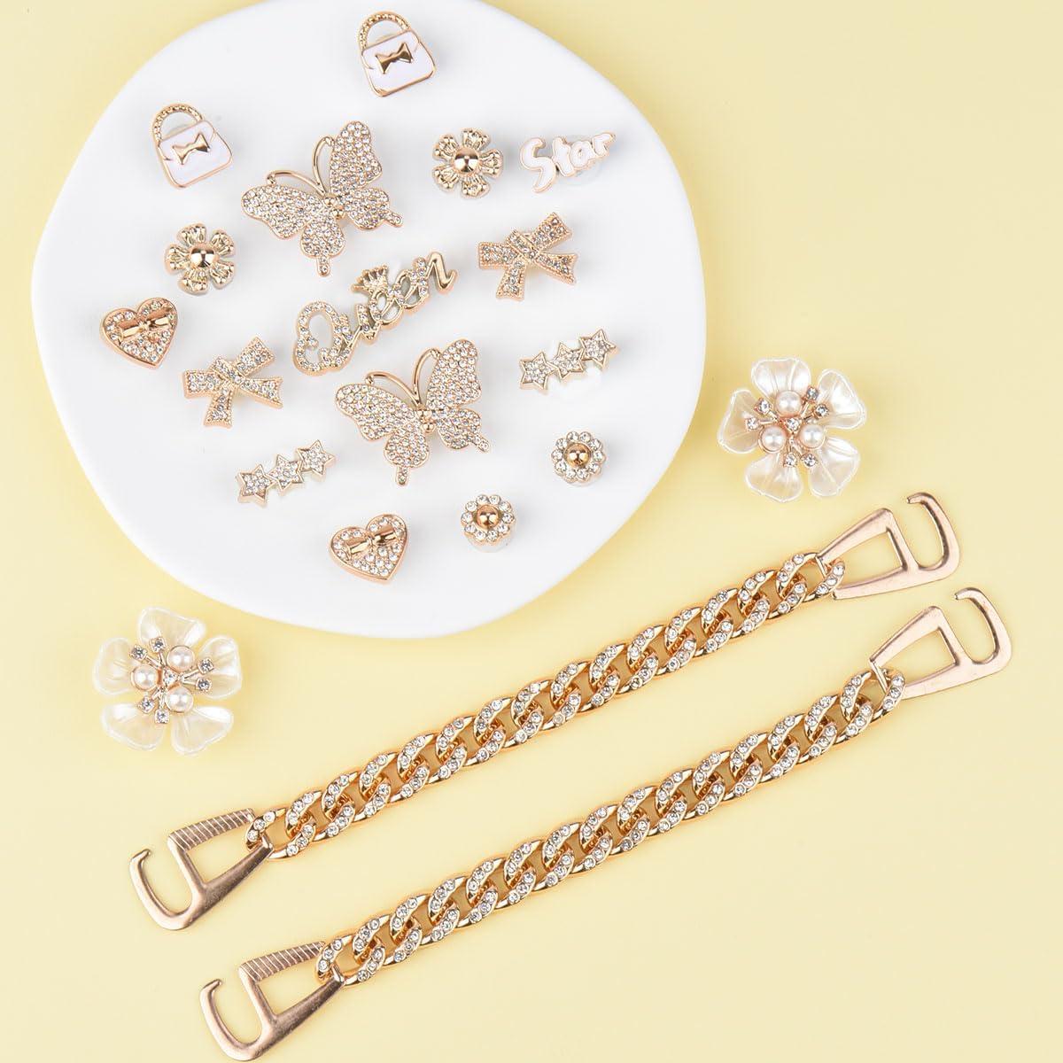 20PCS Encantos de Zapatos Brillantes Dorados para Mujeres