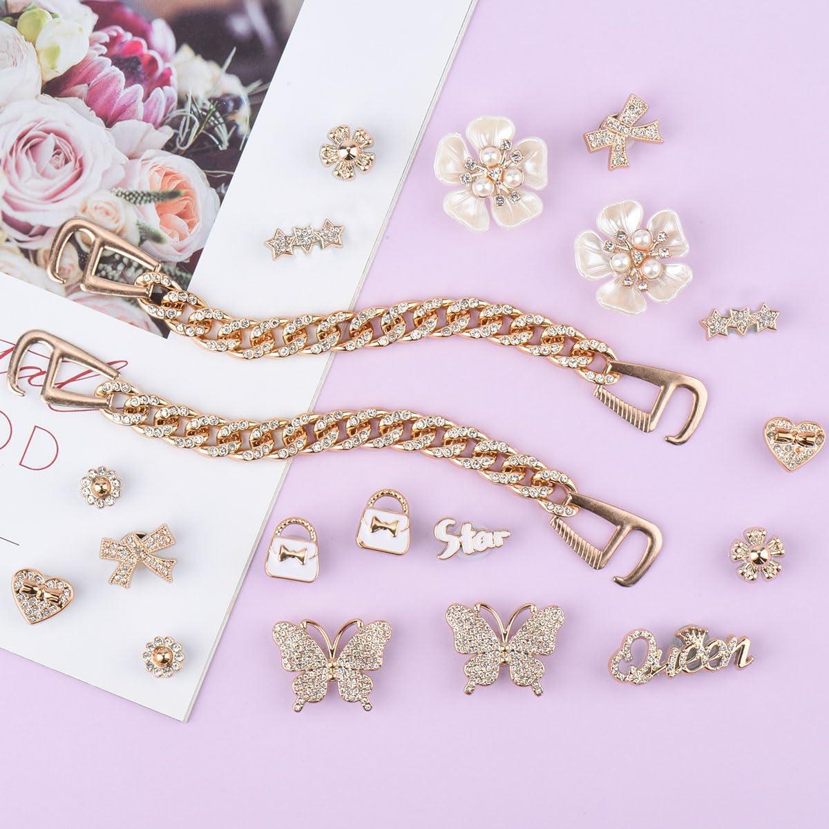 20PCS Encantos de Zapatos Brillantes Dorados para Mujeres