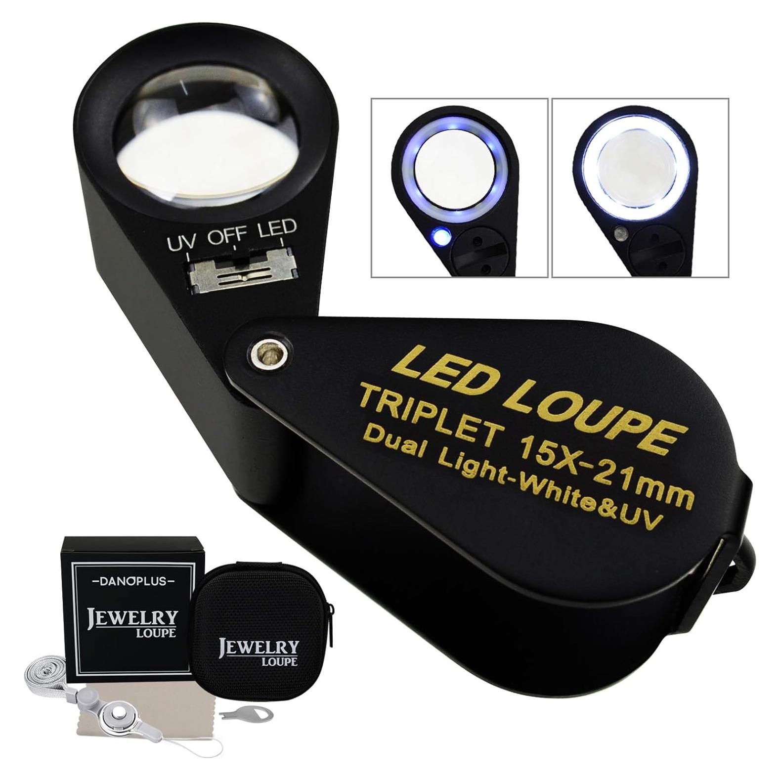 Lupa de Joyero 15x DANOPLUS con LED UV y Lente Triplete 21mm