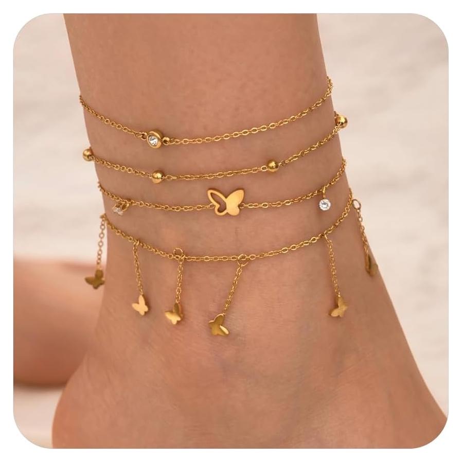 Conjunto de Pulseras de Tobillo de Oro 18K para Mujeres - 4 Piezas