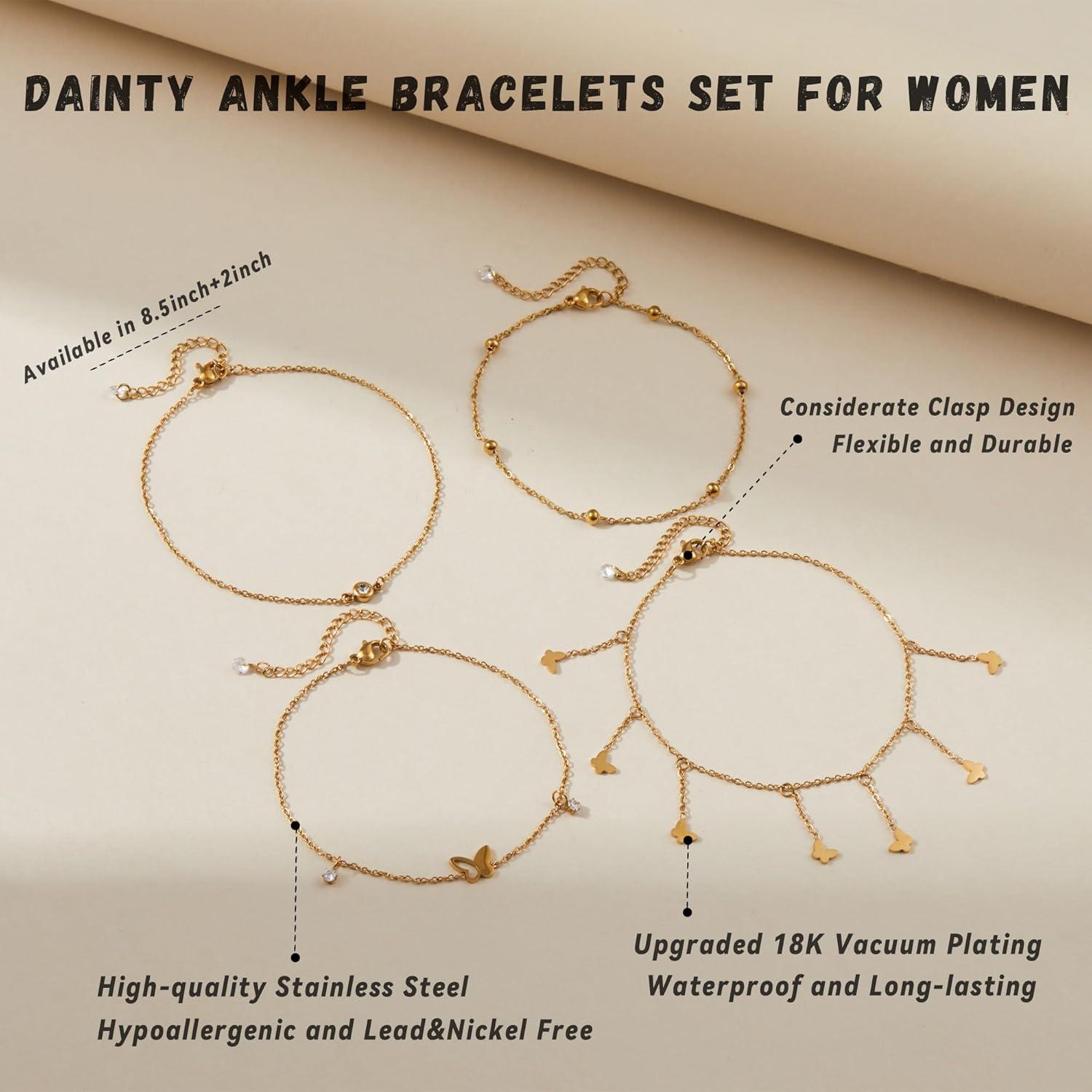 Conjunto de Pulseras de Tobillo de Oro 18K para Mujeres - 4 Piezas