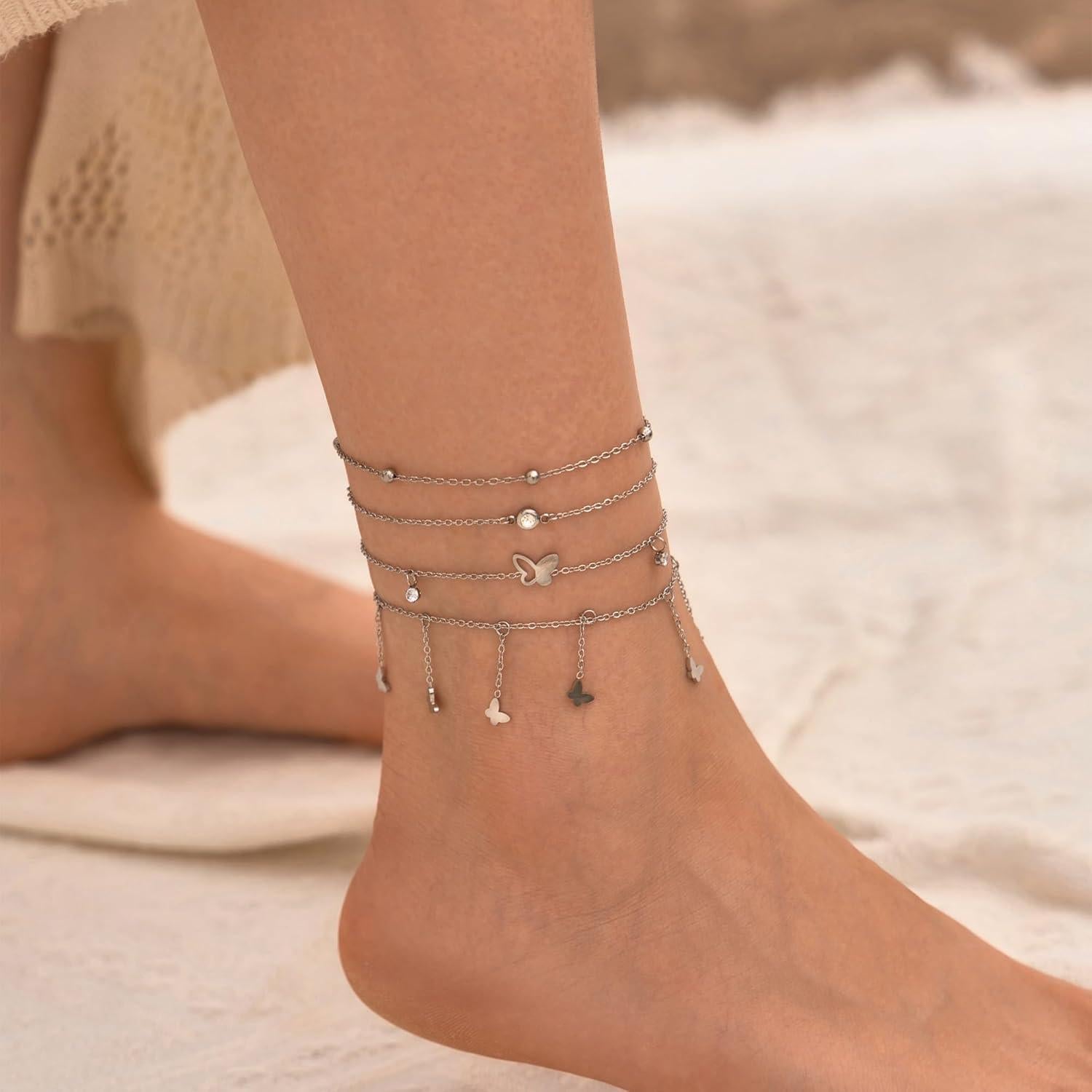 Conjunto de Pulseras de Tobillo de Oro 18K para Mujeres - 4 Piezas