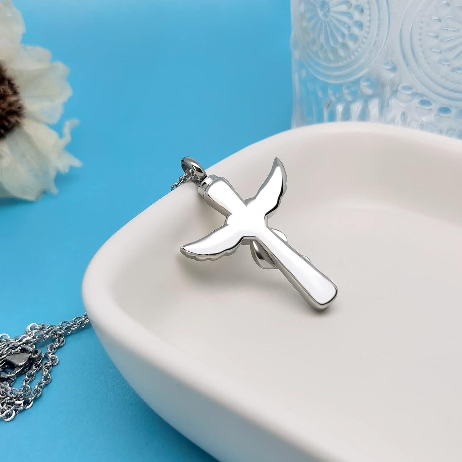 Collar de Urna de Crema LuxglitterLin con Alas de Ángel 54.86 cm