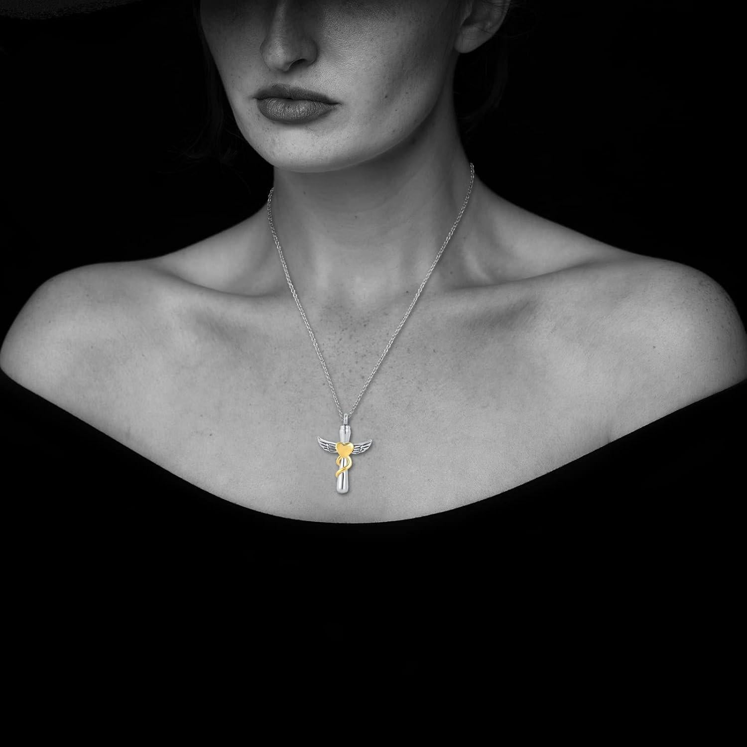 Collar de Urna de Crema LuxglitterLin con Alas de Ángel 54.86 cm