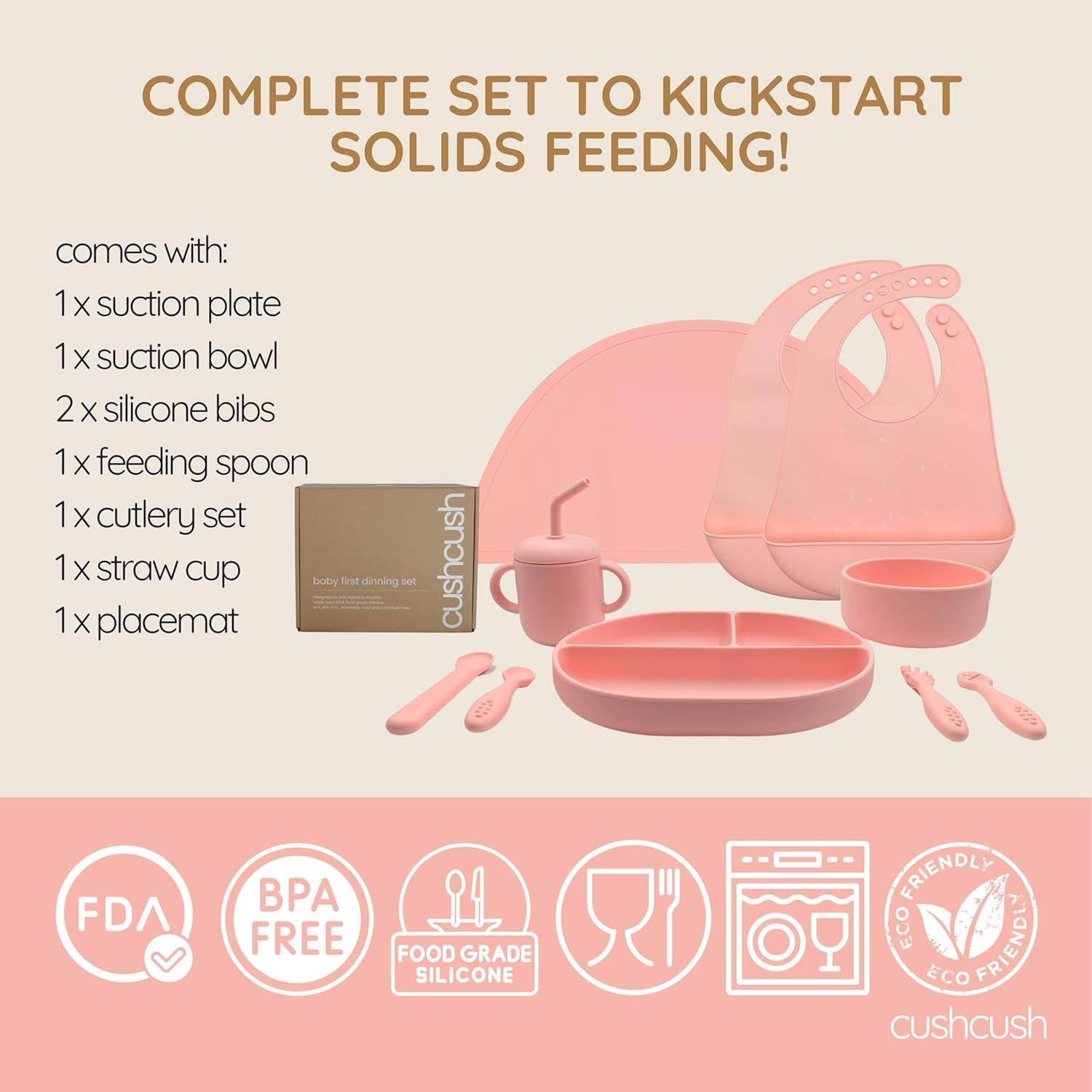 Juego de Alimentación Cushcush para Bebés - Silicona LFGB Rosa