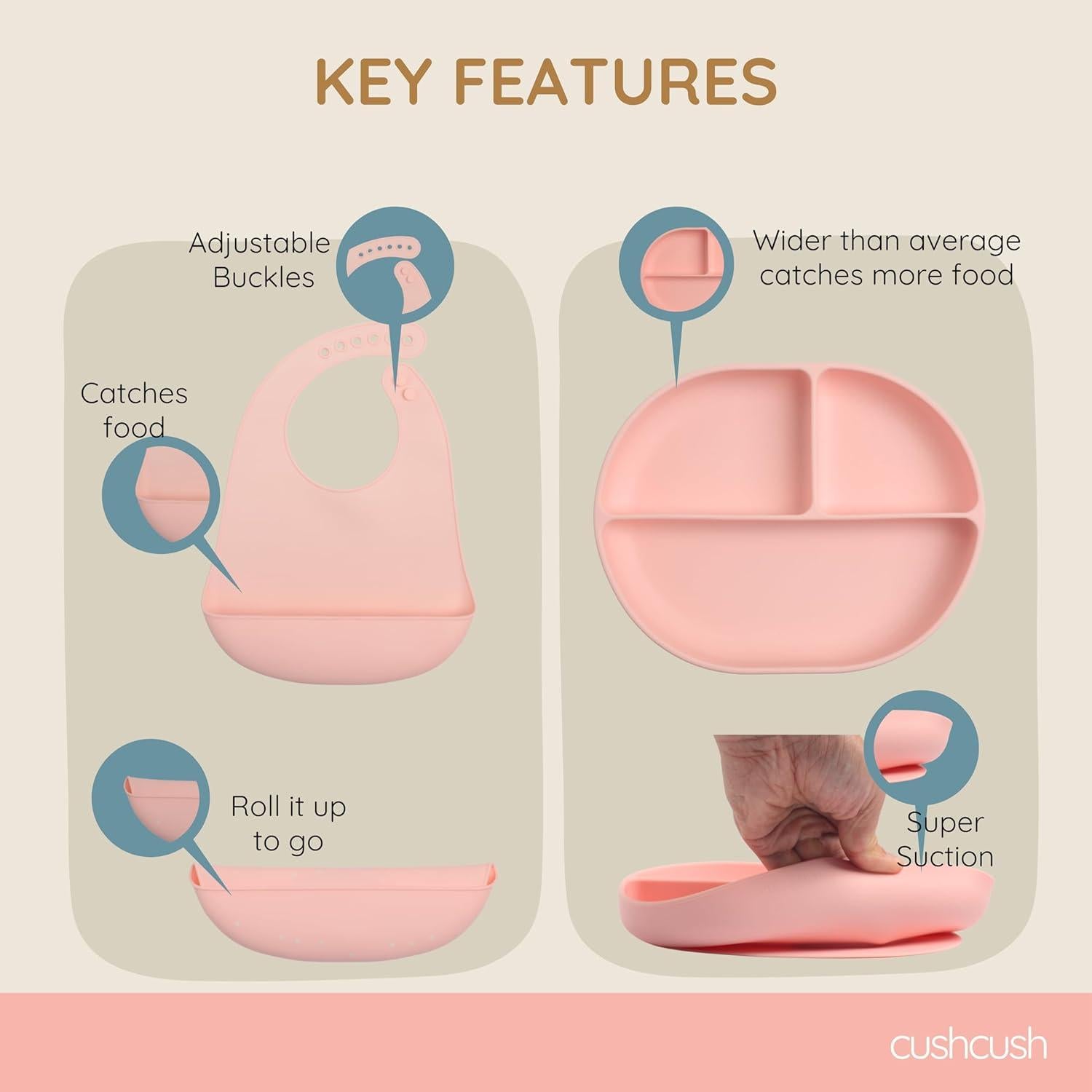 Juego de Alimentación Cushcush para Bebés - Silicona LFGB Rosa