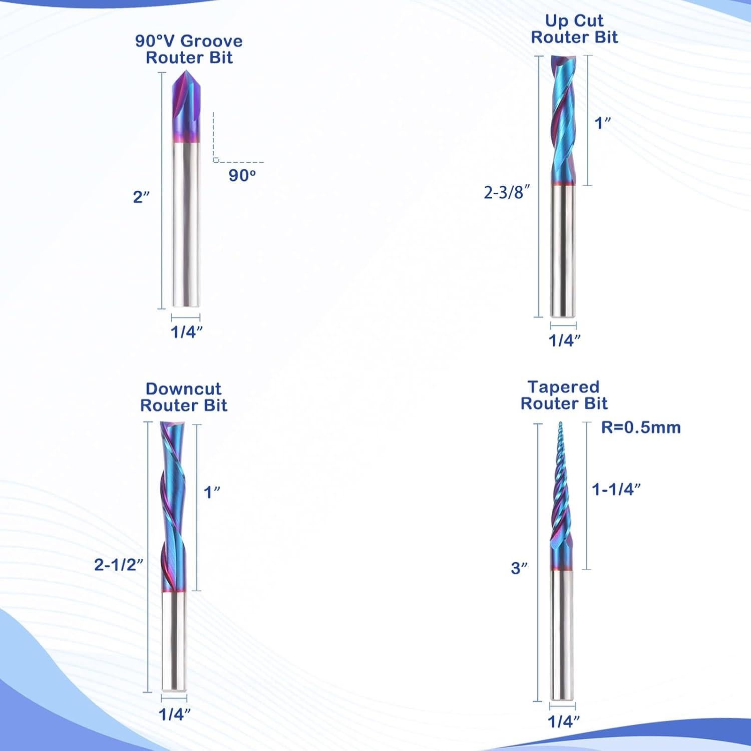 Conjunto de 4 Bits de Router CNC HQMaster 1/4" Carburo Tungsteno