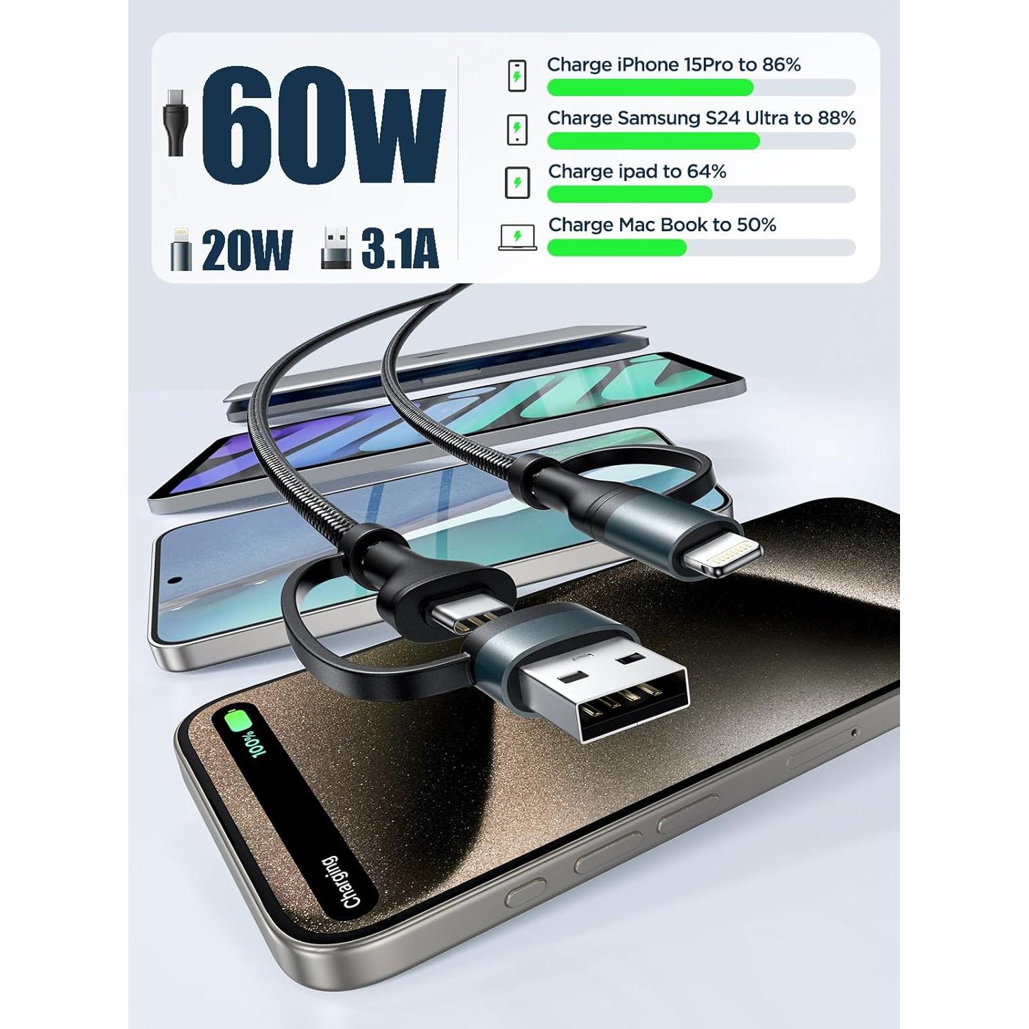 Cable de carga 4 en 1 XUDUO 2.0m USB C Lightning 60W