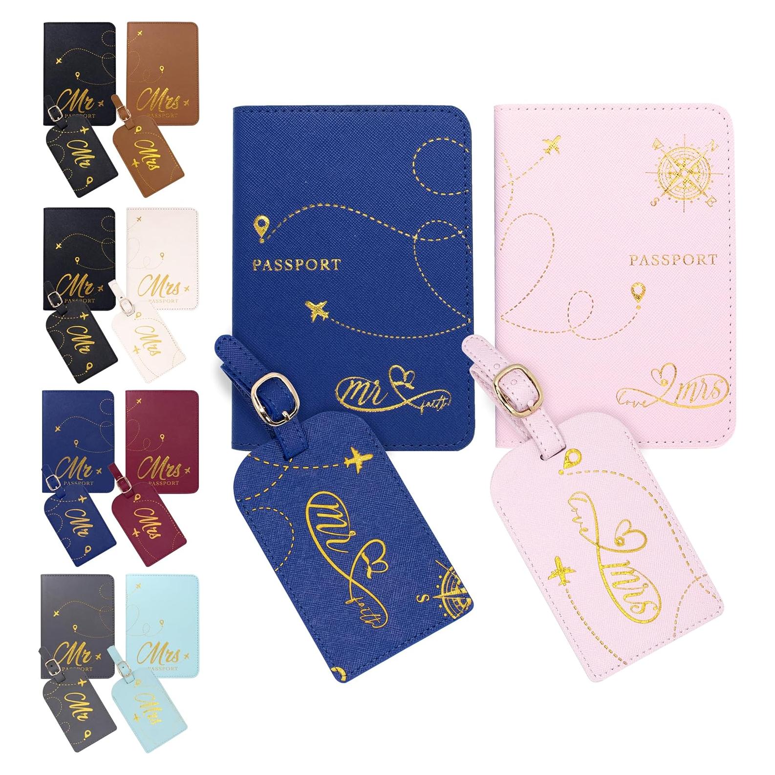 Juego de Fundas de Pasaporte de Cuero Decorably Mr y Mrs - Azul y Rosa