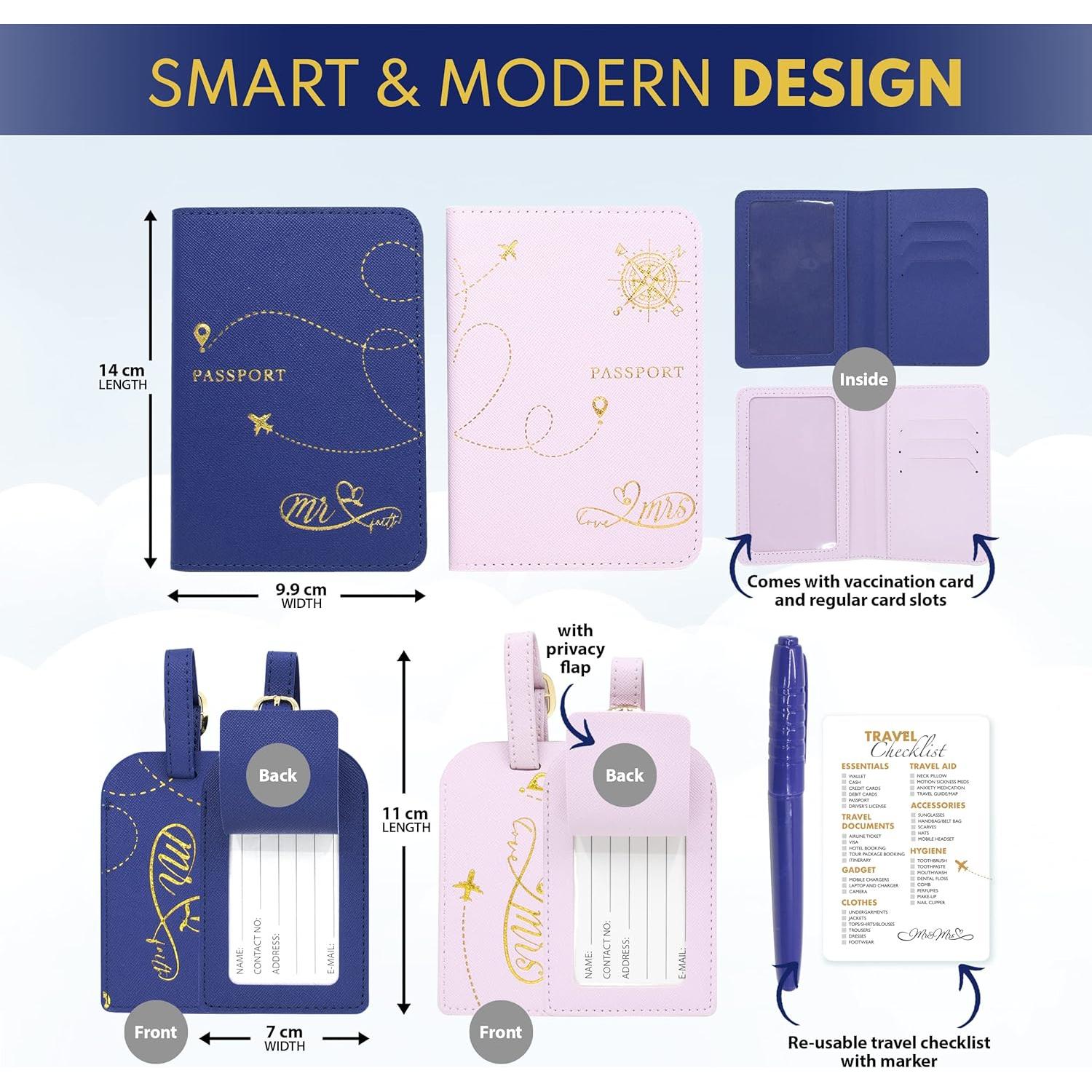 Juego de Fundas de Pasaporte de Cuero Decorably Mr y Mrs - Azul y Rosa