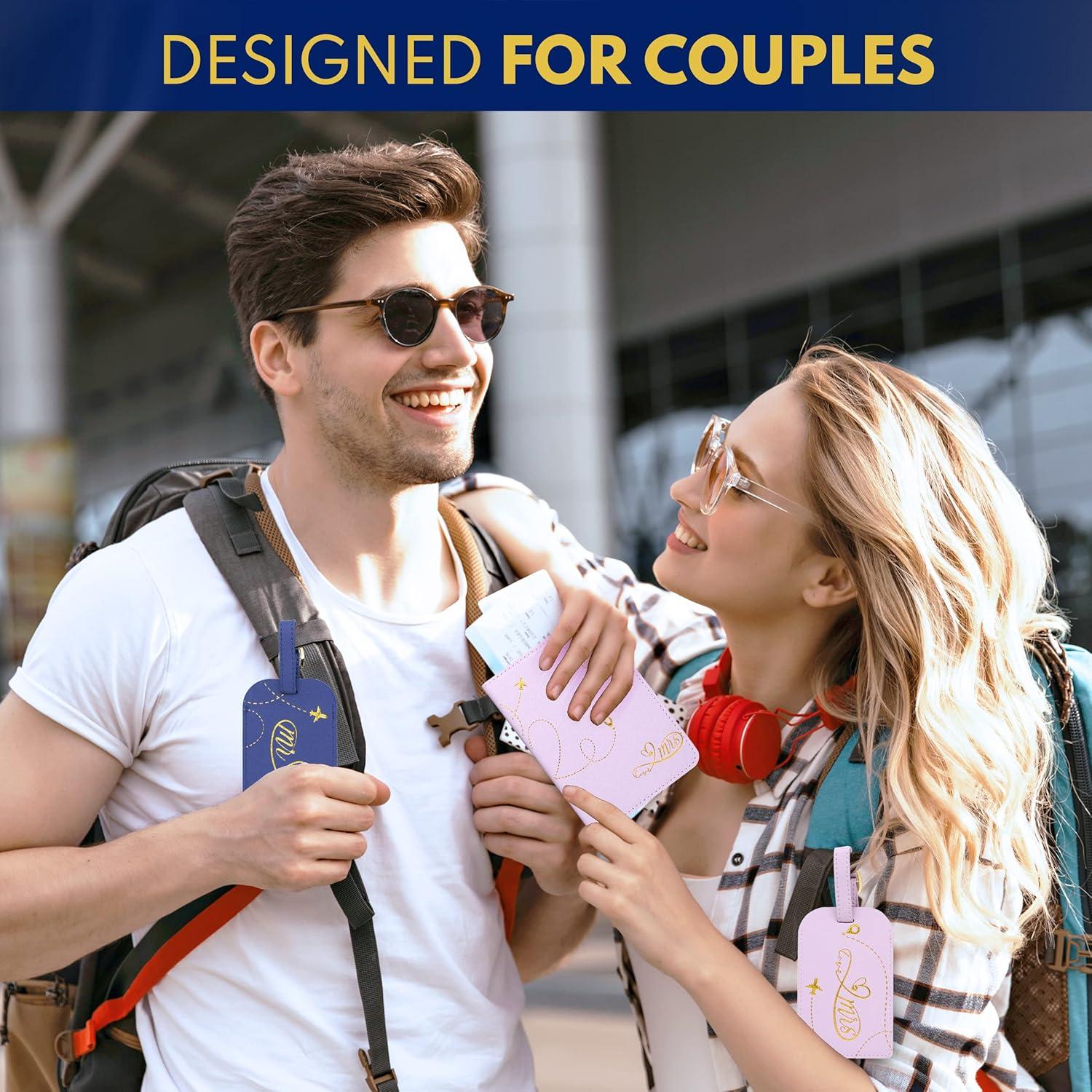 Juego de Fundas de Pasaporte de Cuero Decorably Mr y Mrs - Azul y Rosa