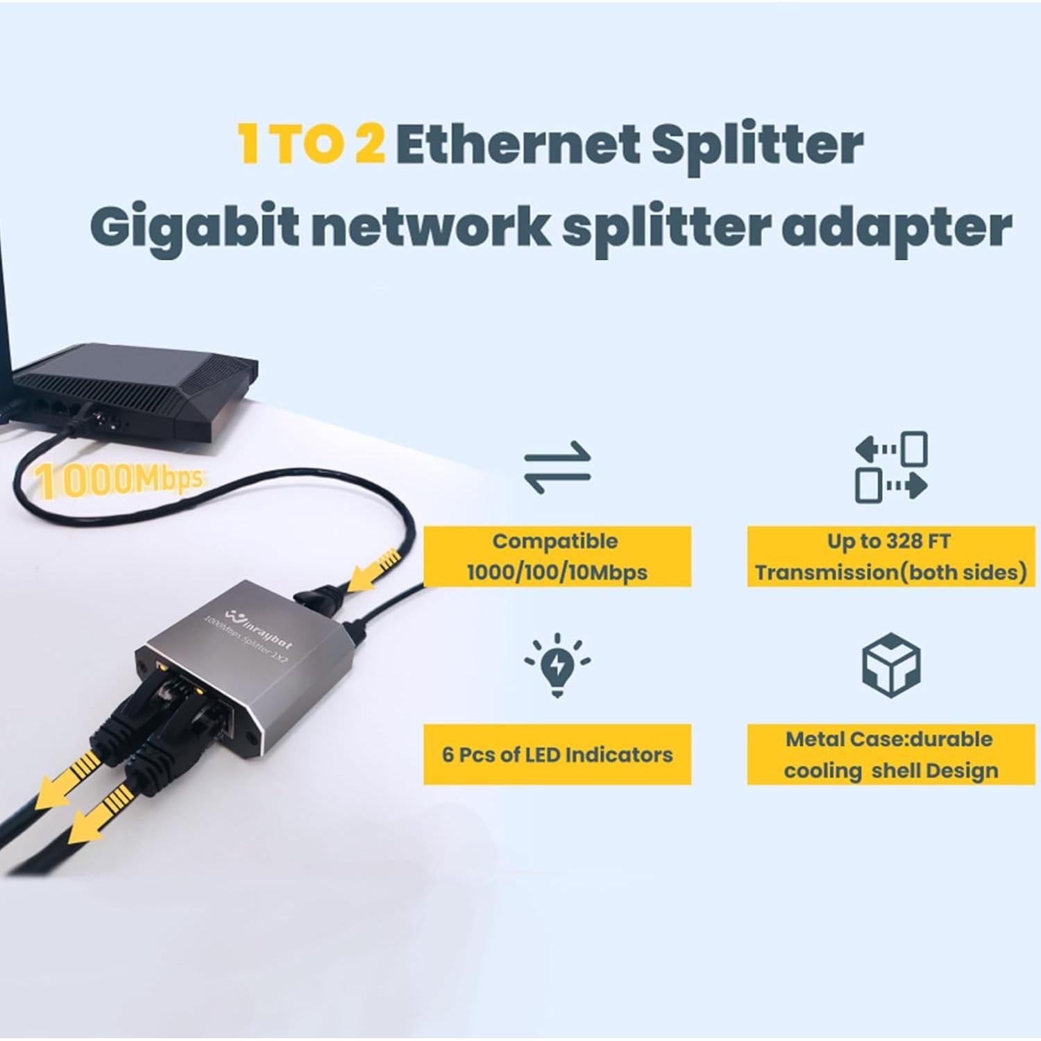 Divisor Ethernet 1 a 2 WinRaybot 1000Mbps USB Alimentado
