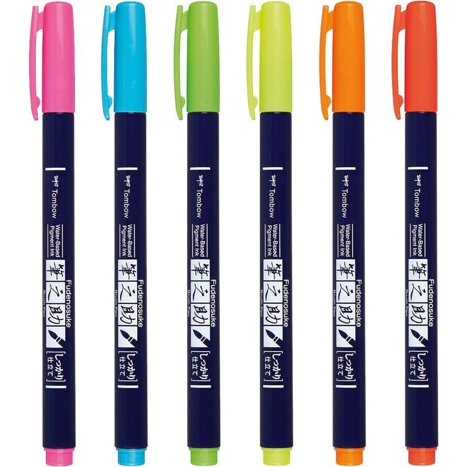 Tombow Fudenosuke Brush Pens Neón 6-Pack Punta Dura