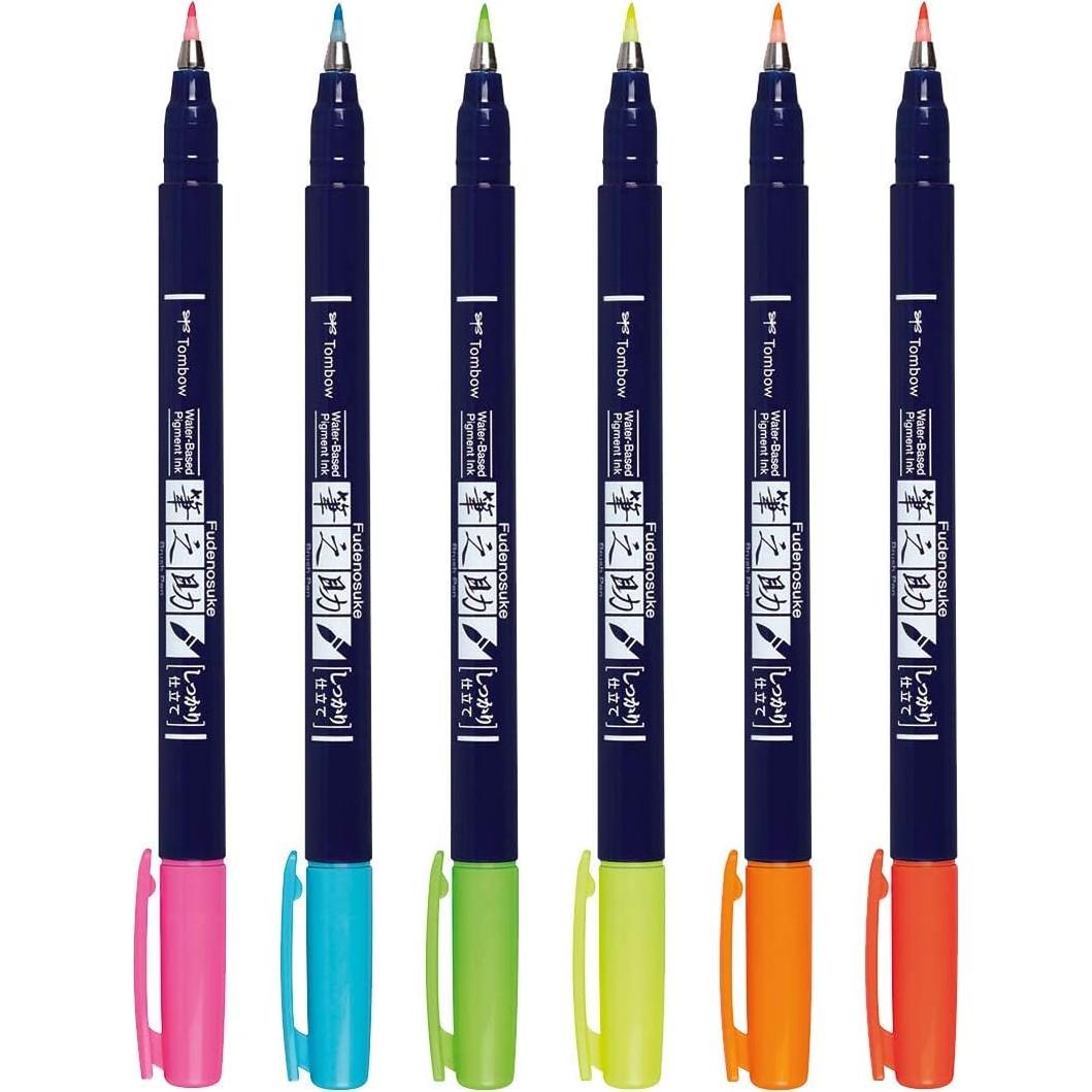 Tombow Fudenosuke Brush Pens Neón 6-Pack Punta Dura