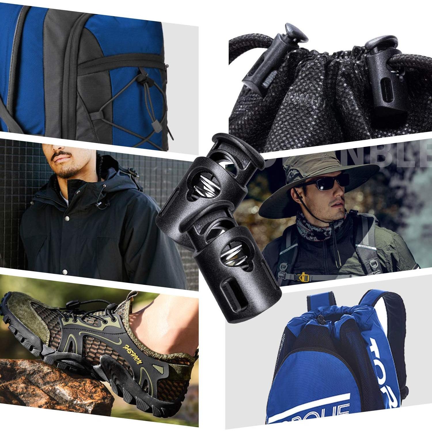 Plastic Cord Locks Single Hole Spring Toggle Stopper Cord Stops Fastener Toggles for Shoelaces, Drawstrings, Paracord, Bags, Clothing, and More (10Pcs, Black)