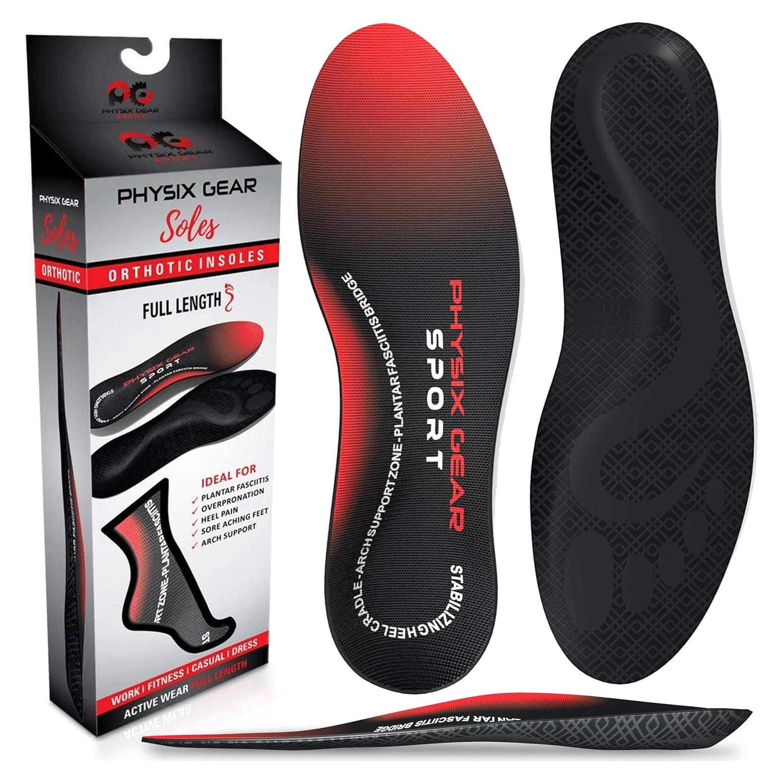 Plantillas Ortopédicas Physix Gear para Hombres y Mujeres - Soporte Arqueado, Alivio de Fascitis Plantar, Rojo/Negro, XS