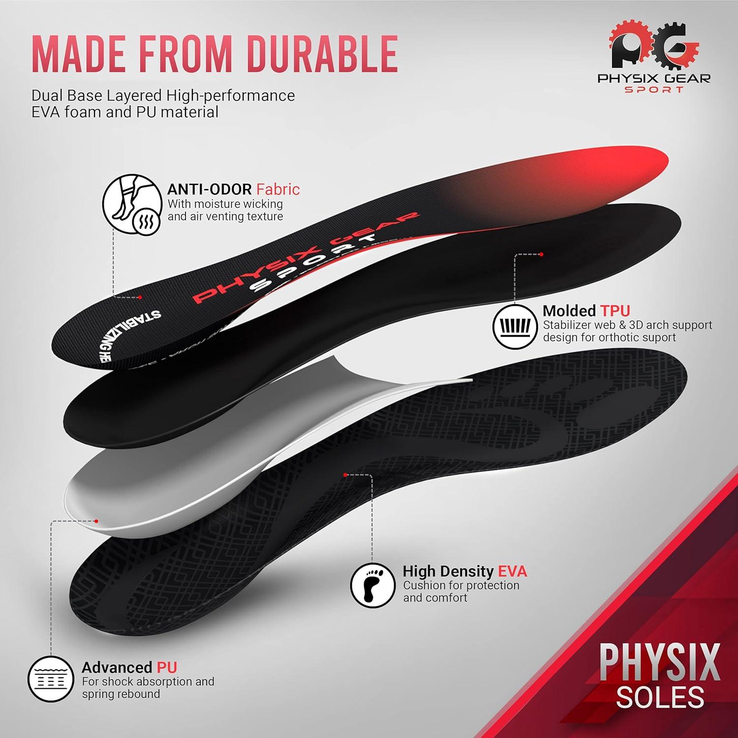 Plantillas Ortopédicas Physix Gear para Hombres y Mujeres - Soporte Arqueado, Alivio de Fascitis Plantar, Rojo/Negro, XS