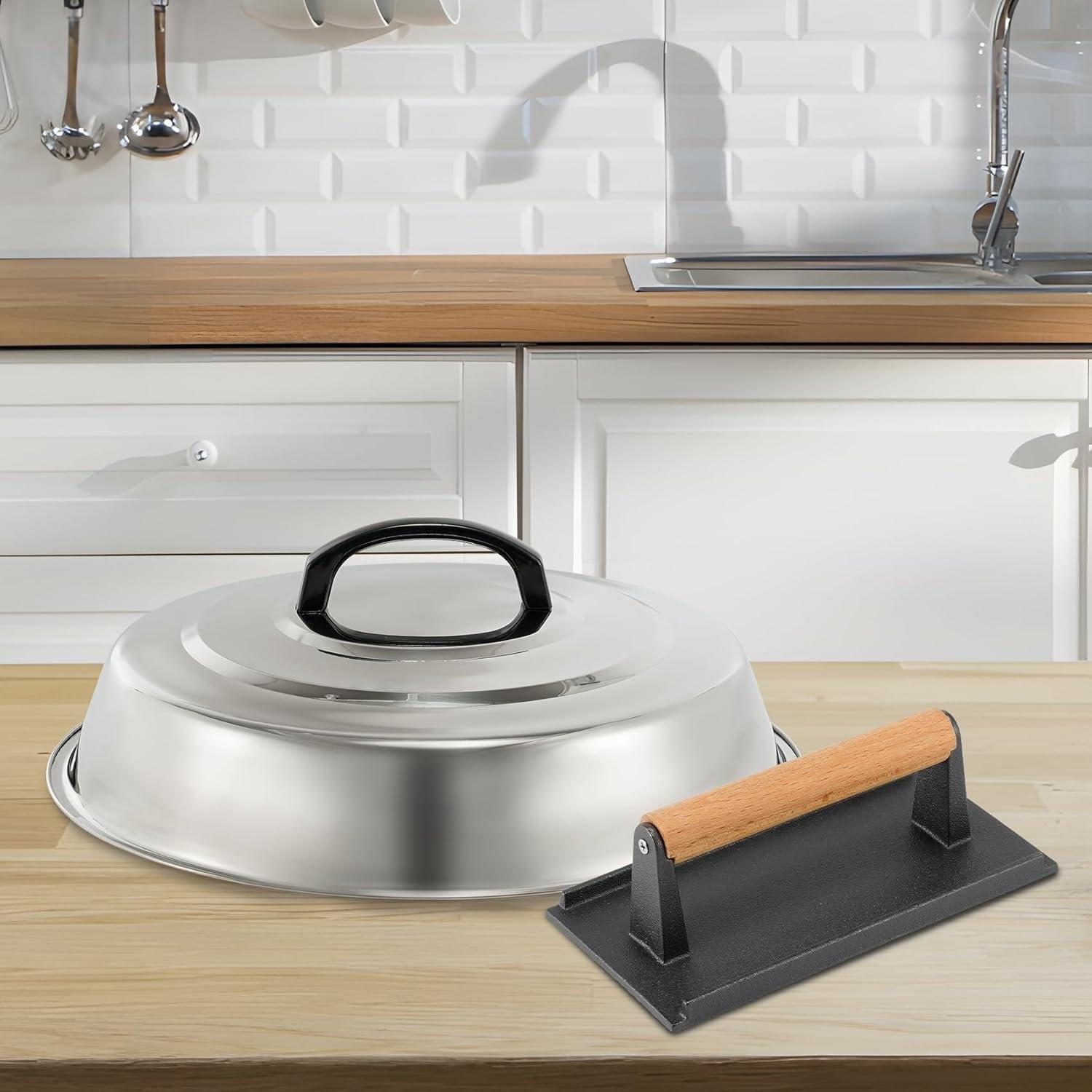 Cubierta Redonda de Acero Inoxidable 30.48 cm + Prensa Hierro Fundido